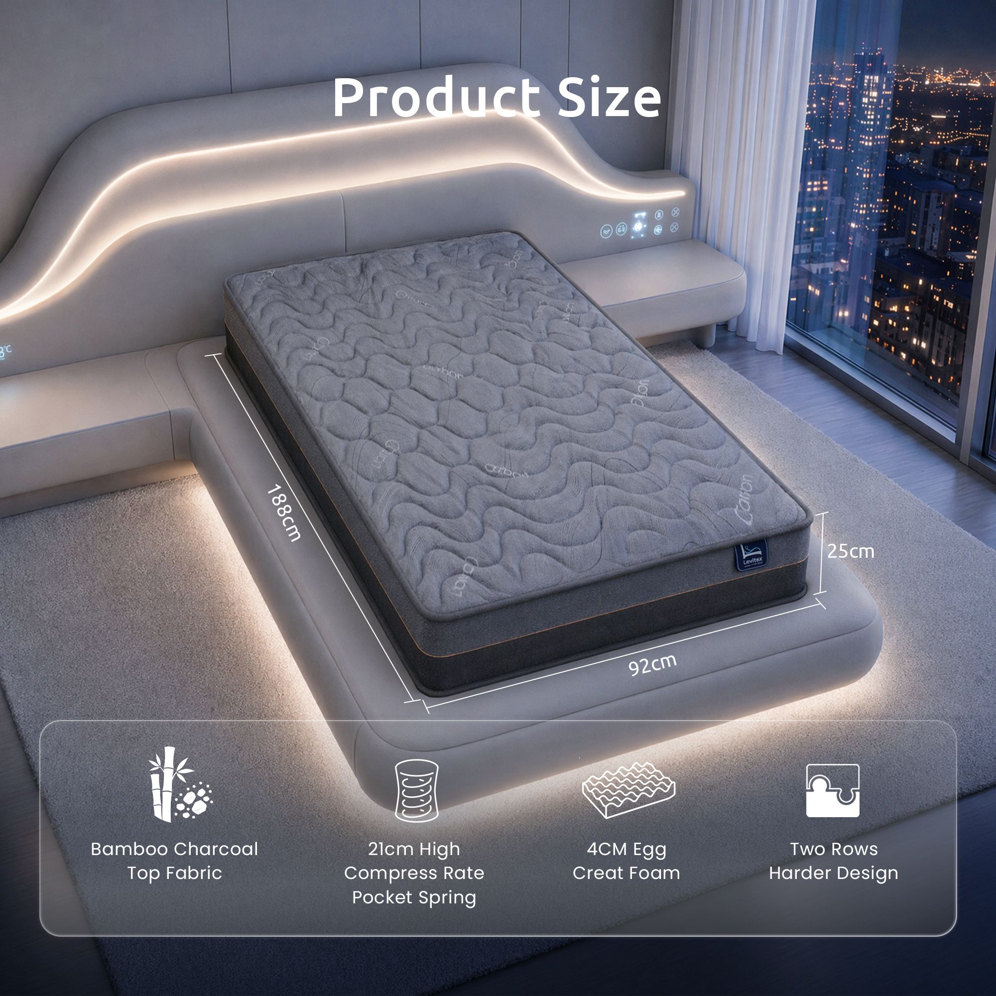 Levitex Single Mattress 25 cm Hybrid Pocket Spring with 4cm Egg Crate Foam for Deep Sleep Bamboo Charcoal Fabric - Image 3