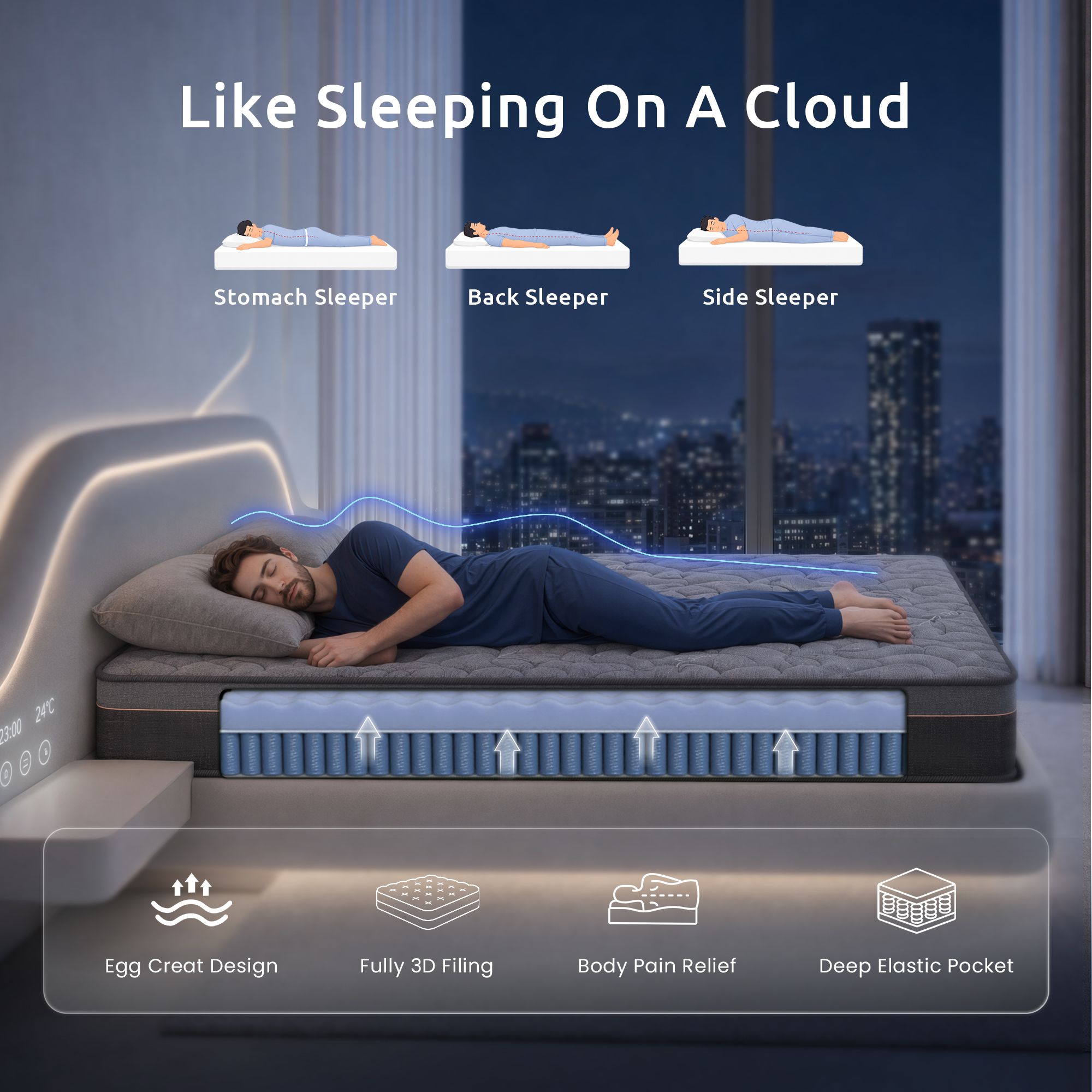 Levitex Single Mattress 25 cm Hybrid Pocket Spring with 4cm Egg Crate Foam for Deep Sleep Bamboo Charcoal Fabric - Image 7