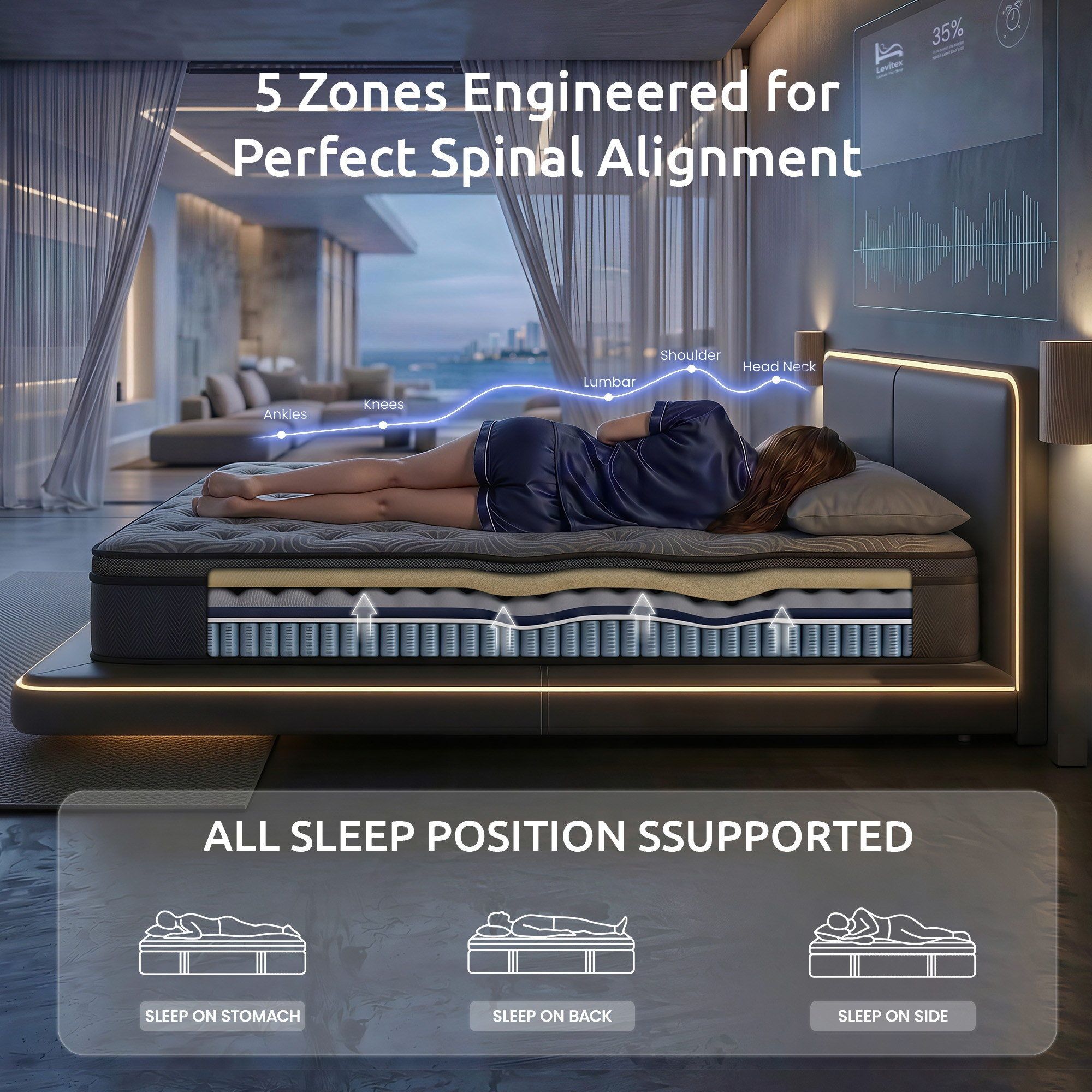 Levitex King Mattress 34 cm 5-Zone Pressure Relief  Pocket Spring with Reinforced Edge Support & Breathable Gel Memory Foam Hybrid Mattress - Image 7