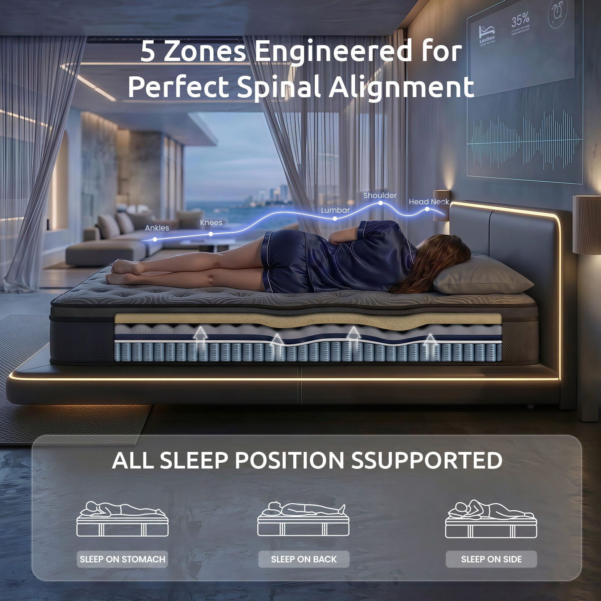 Levitex Single Mattress 34 cm 5-Zone Pressure Relief  Pocket Spring with Reinforced Edge Support & Breathable Gel Memory Foam Hybrid Mattress - Image 7