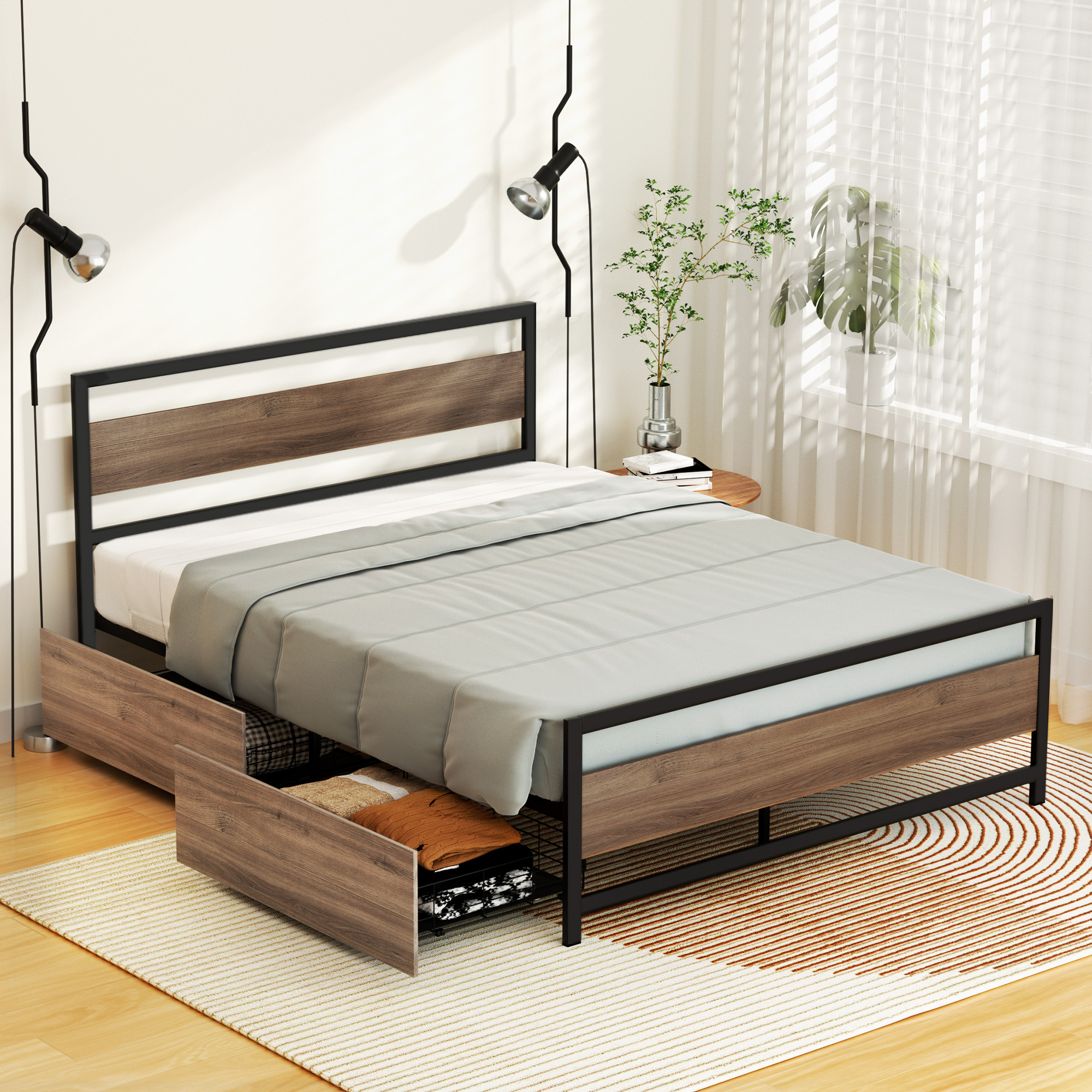 Artiss Bed Frame Queen Size Metal Frame with 2 Drawers DREW - Image 1