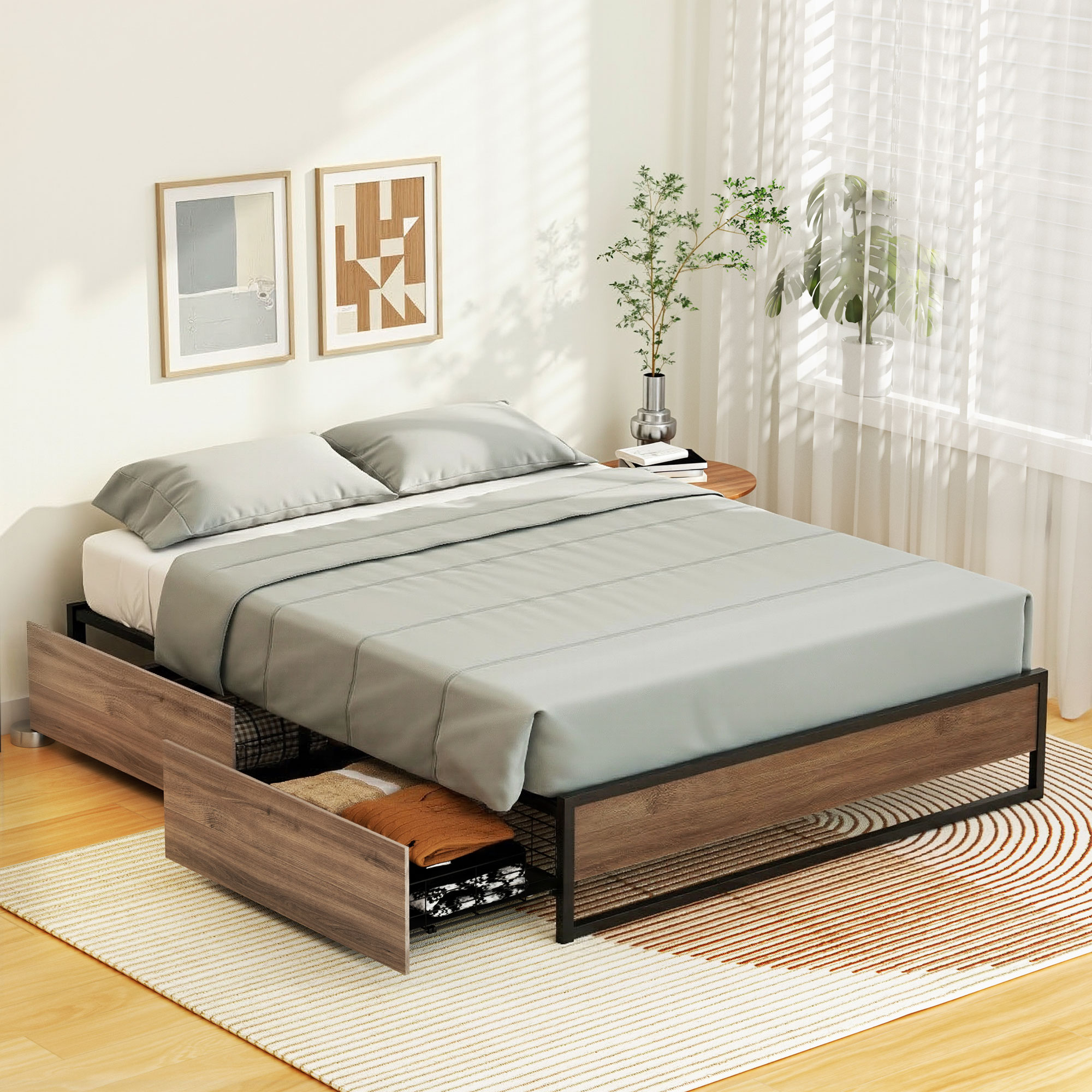 Artiss Bed Frame Metal Frame Queen Size Bed Base 2 Drawers OSLO - Image 1