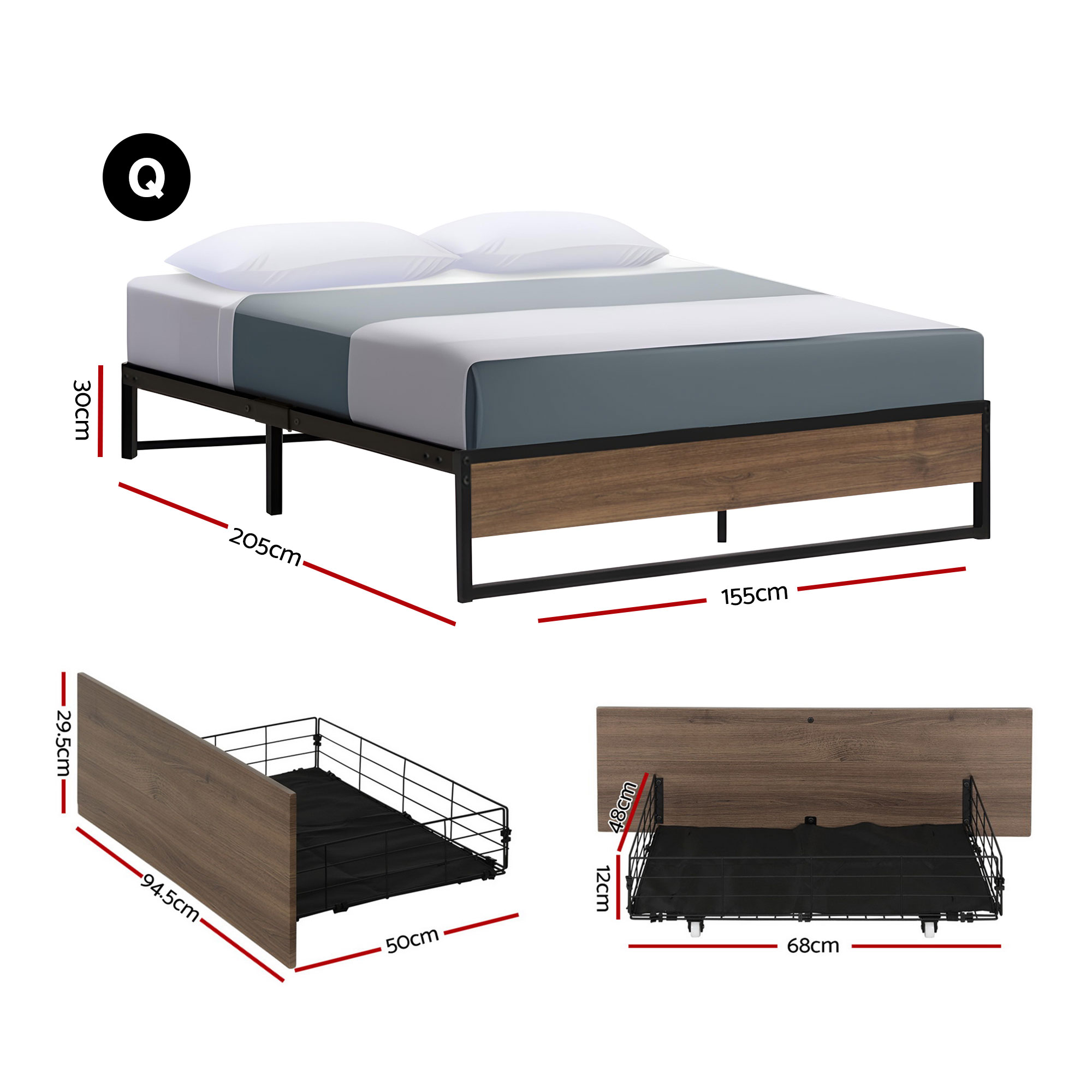 Artiss Bed Frame Metal Frame Queen Size Bed Base 2 Drawers OSLO - Image 2
