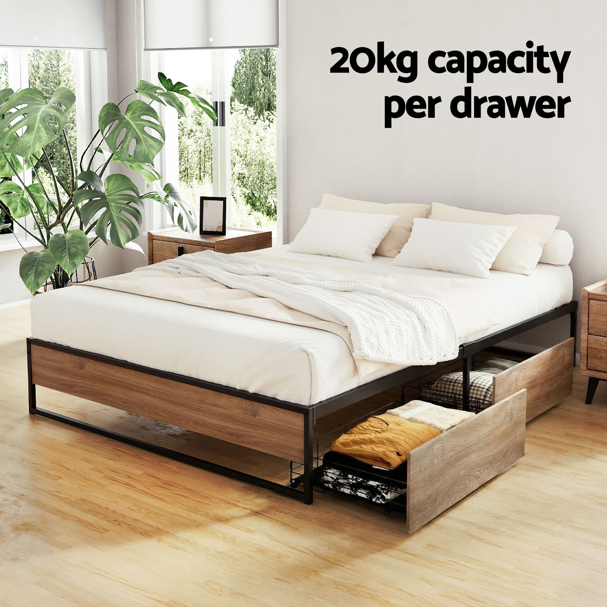 Artiss Bed Frame Metal Frame Queen Size Bed Base 2 Drawers OSLO - Image 4