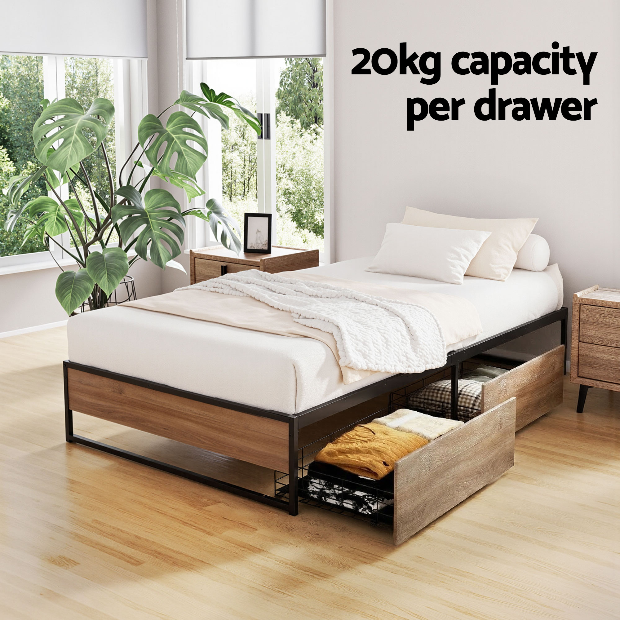 Artiss Bed Frame Metal Frame Single Bed Base 2 Drawers OSLO - Image 4