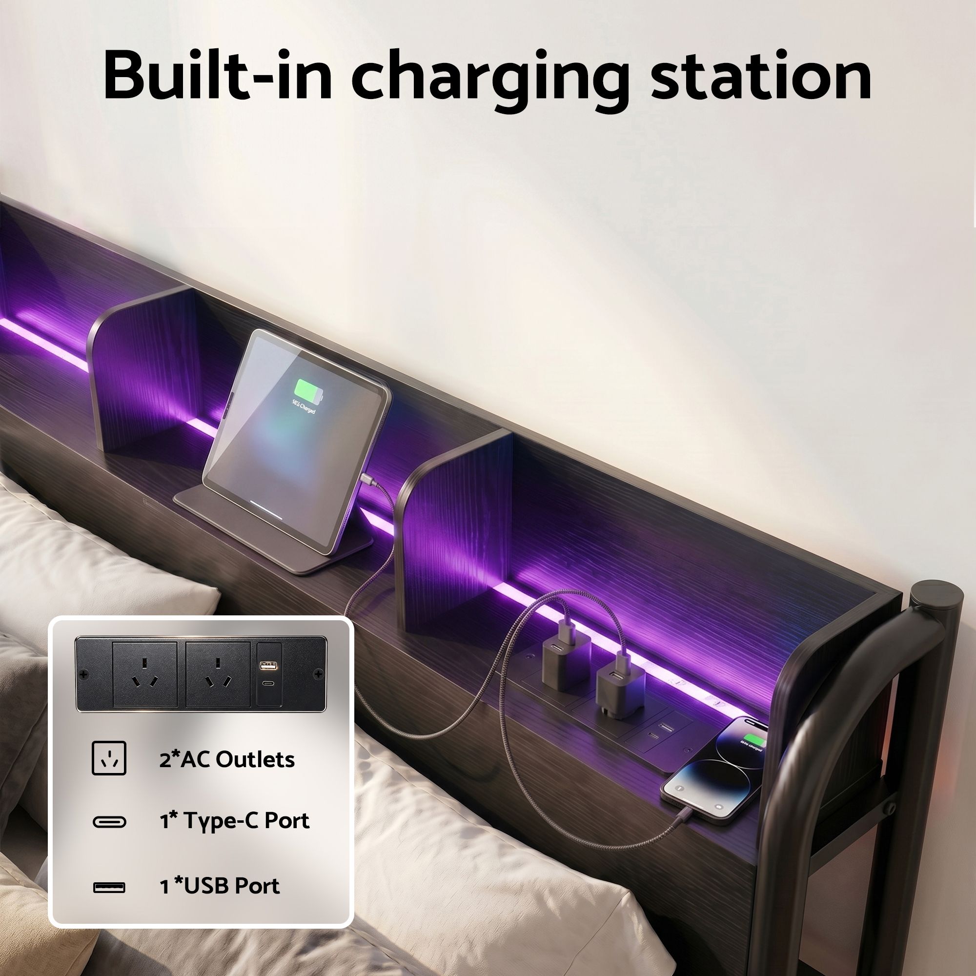 Artiss Bed Frame Double Size with Storage Shelf Headboard Charging Station GRID - Image 4