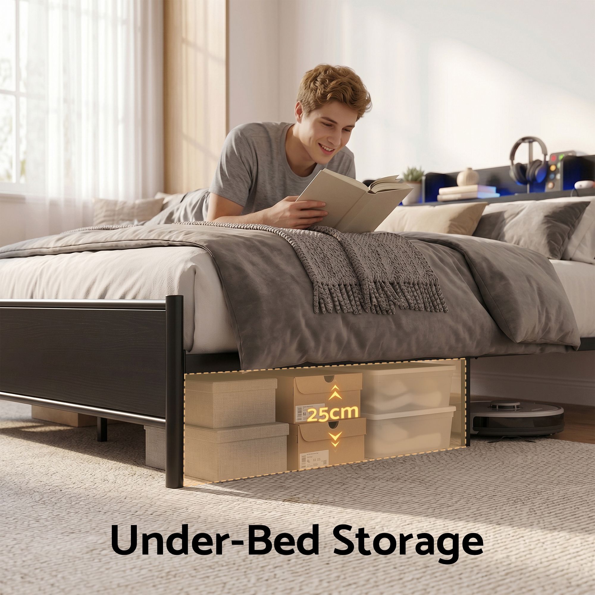 Artiss Bed Frame Queen Size with Storage Shelf Headboard Charging Station GRID - Image 6