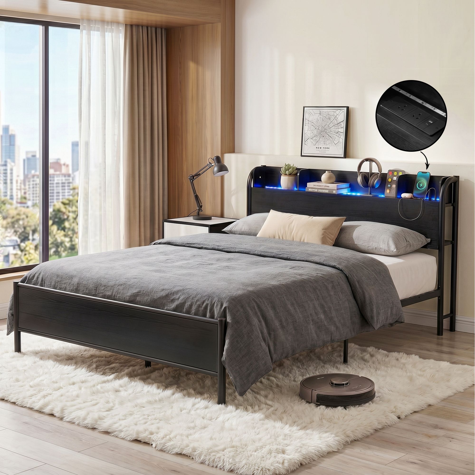 Artiss Bed Frame Queen Size with Storage Shelf Headboard Charging Station GRID - Image 8