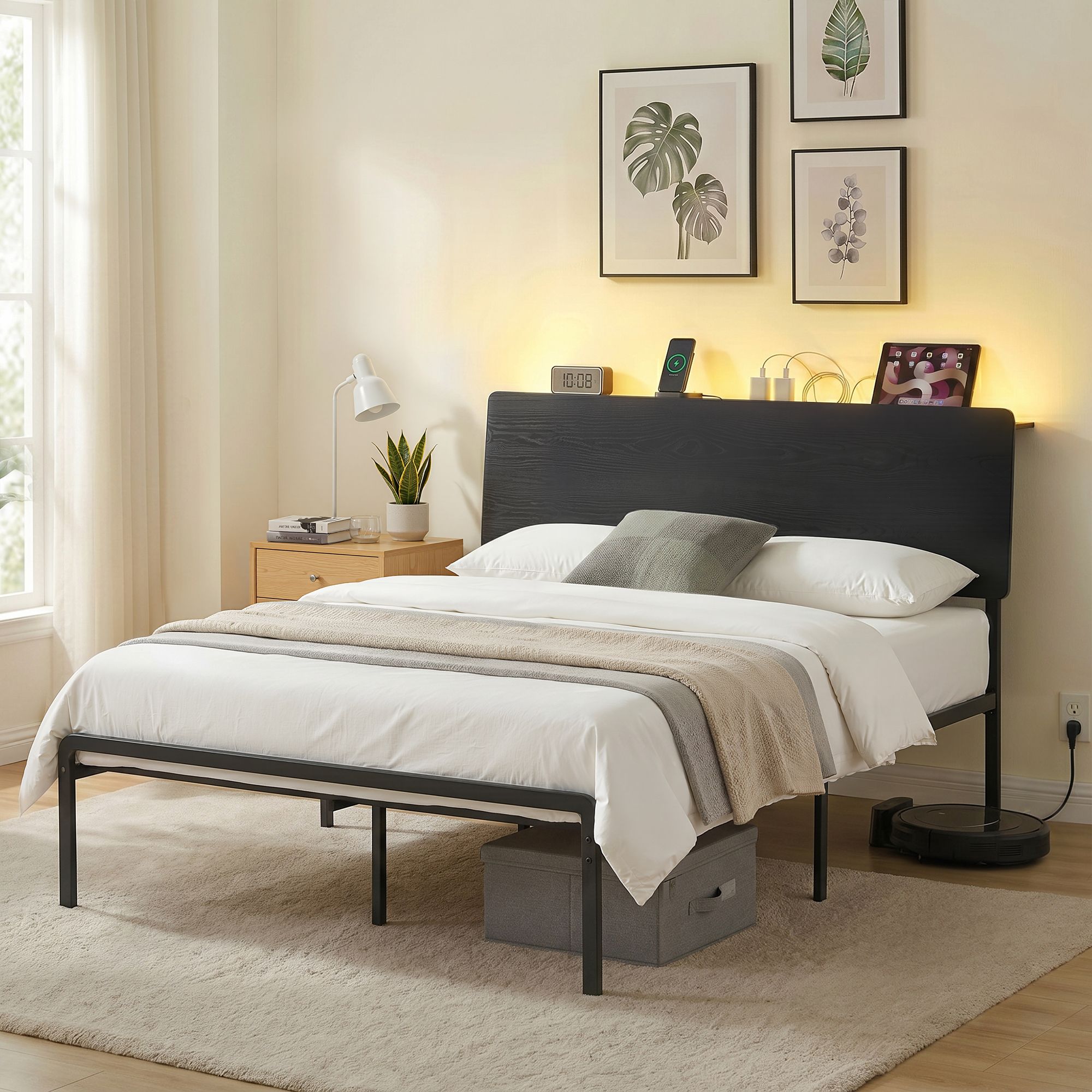 Artiss Bed Frame Queen Size LED Metal Bed Base with Charging Station LAN - Image 1