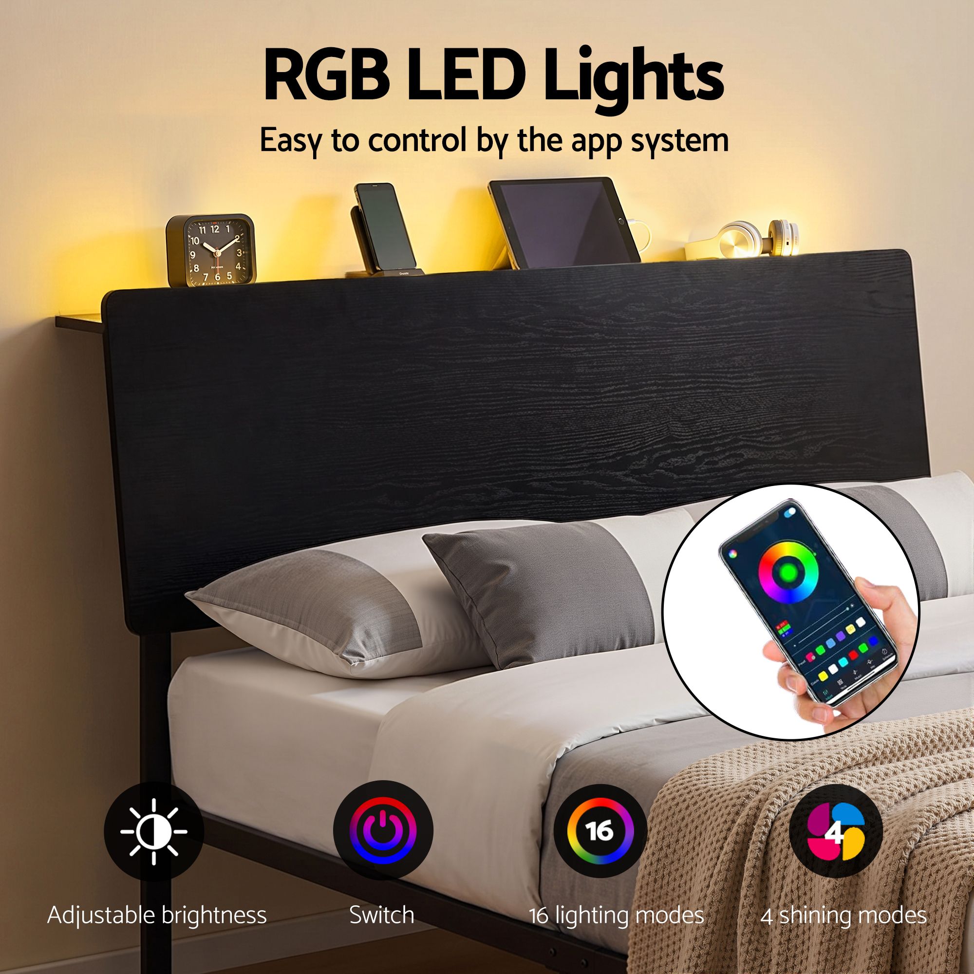Artiss Bed Frame Queen Size LED Metal Bed Base with Charging Station LAN - Image 5