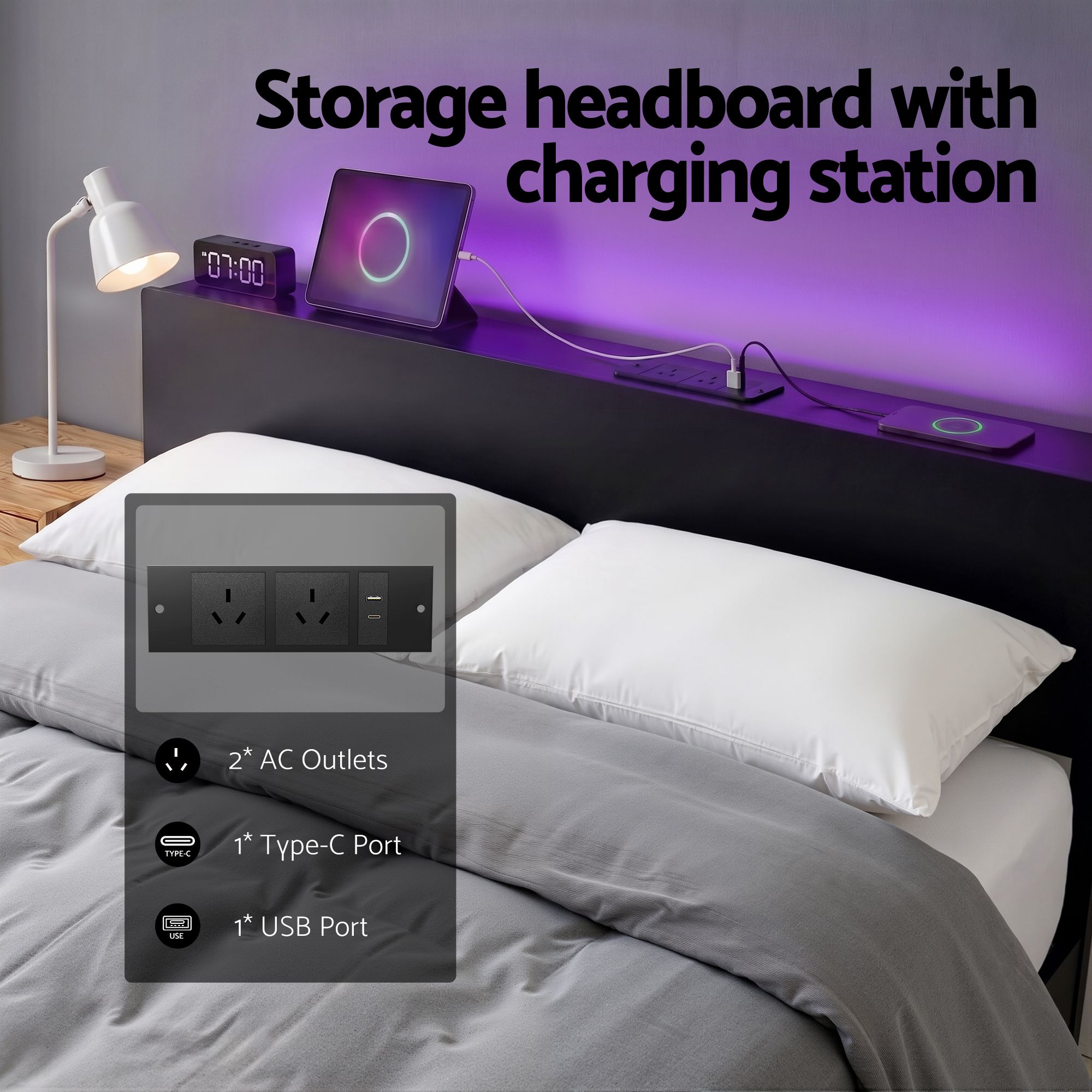 Artiss Bed Frame Queen Size LED Metal Bed Base with Charging Station LAN - Image 6