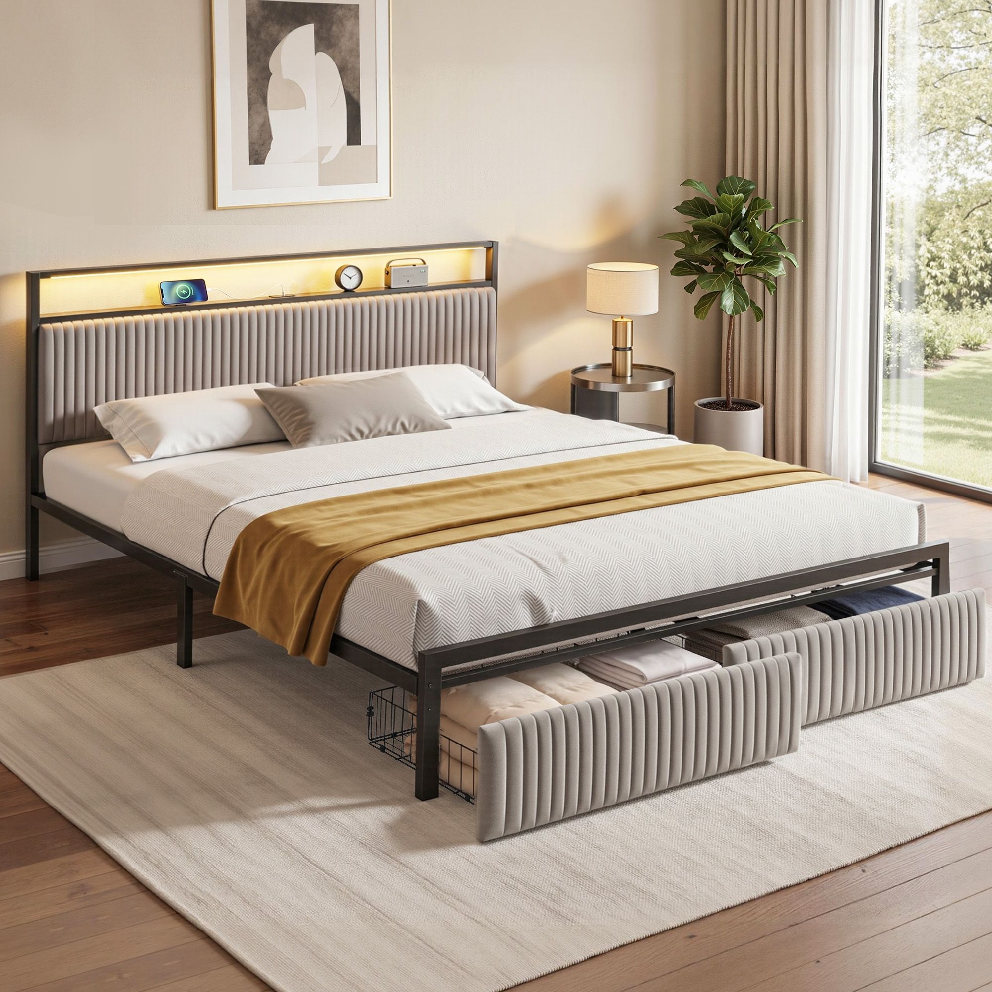 Artiss Metal Bed Frame King Size LED Charging Station 2 Drawers - Image 1