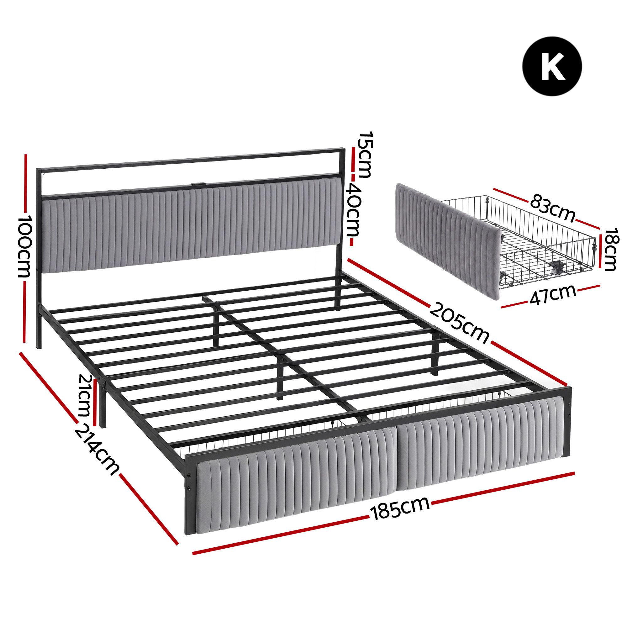 Artiss Metal Bed Frame King Size LED Charging Station 2 Drawers - Image 2