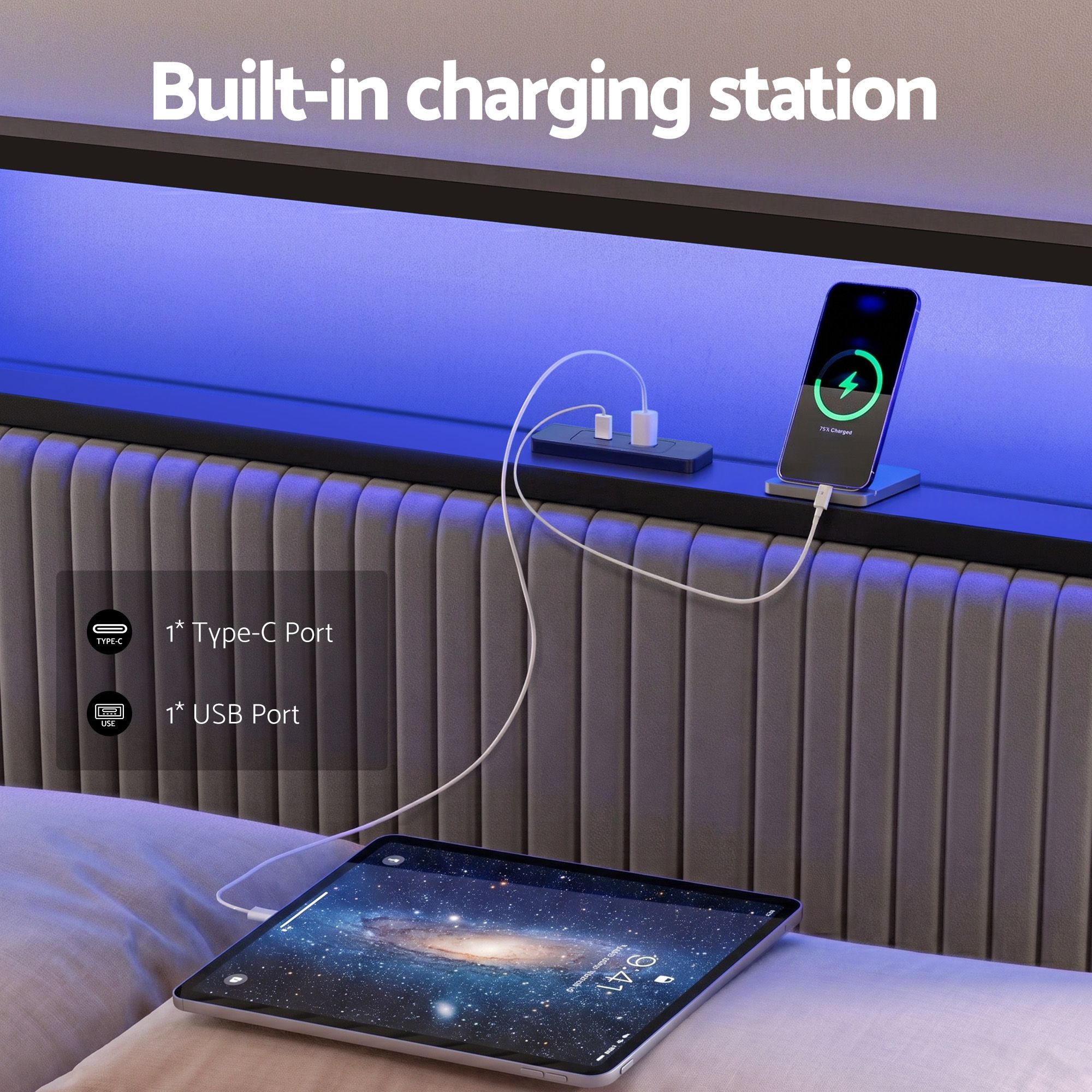 Artiss Metal Bed Frame King Size LED Charging Station 2 Drawers - Image 4
