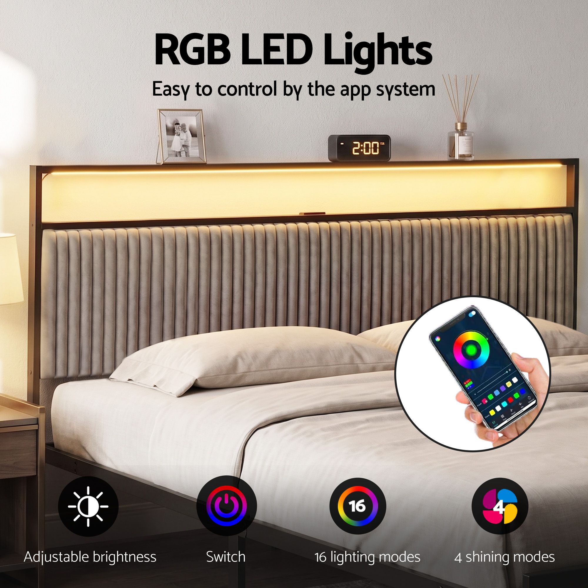 Artiss Metal Bed Frame King Size LED Charging Station 2 Drawers - Image 5