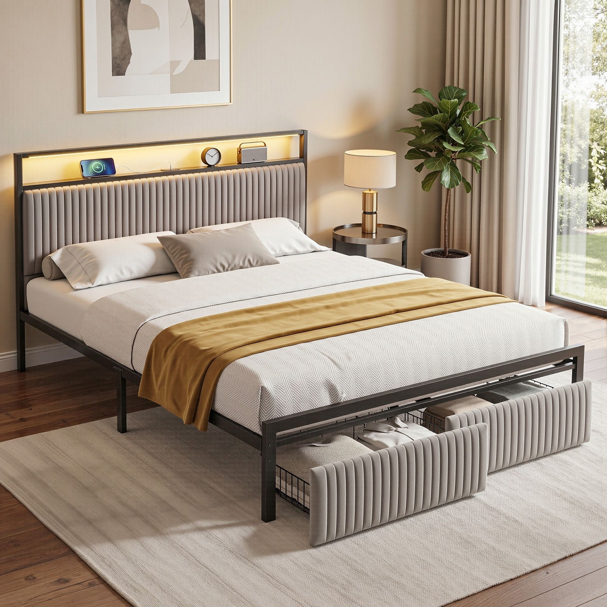 Artiss Metal Bed Frame Queen Size LED Charging Station 2 Drawers - Image 1