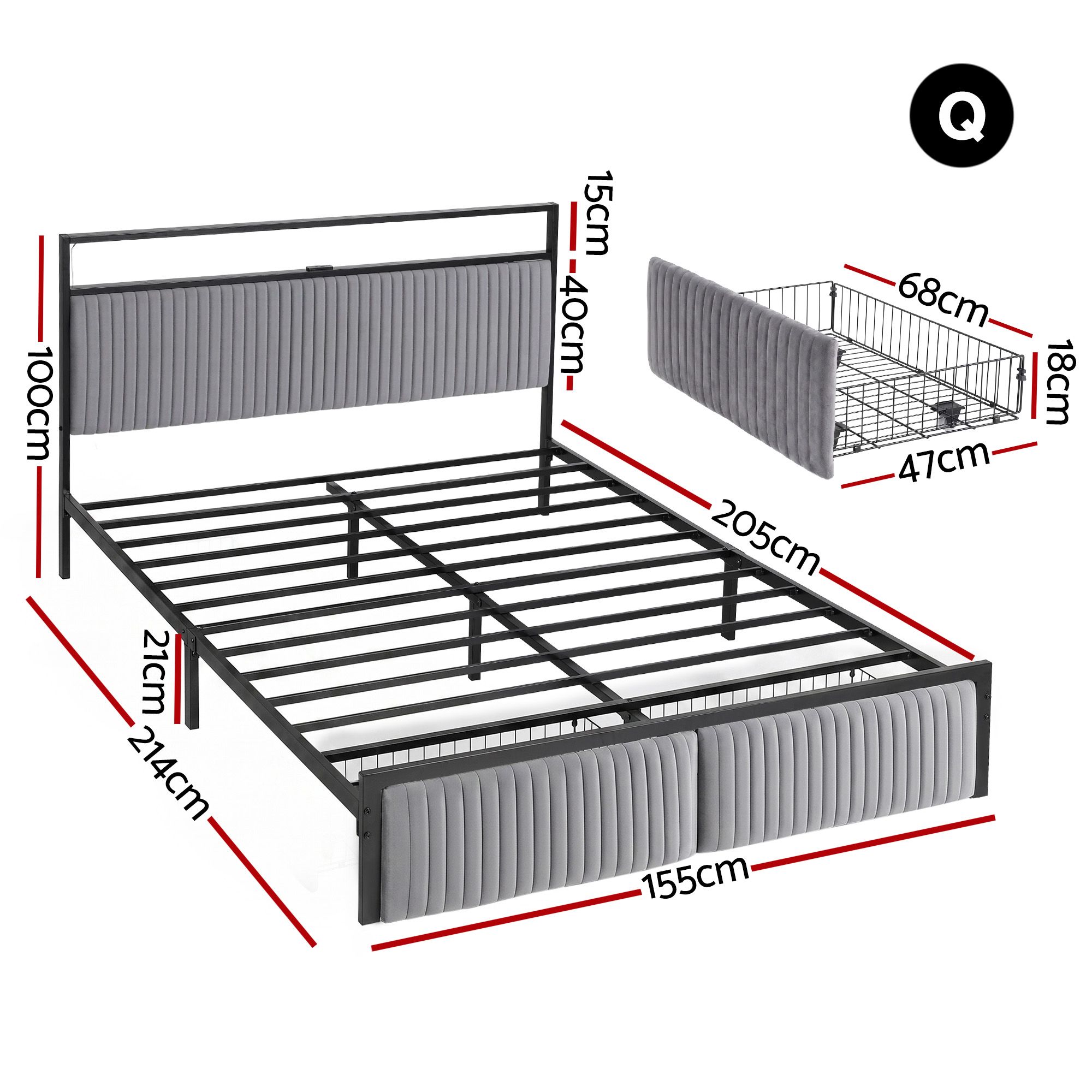 Artiss Metal Bed Frame Queen Size LED Charging Station 2 Drawers - Image 2