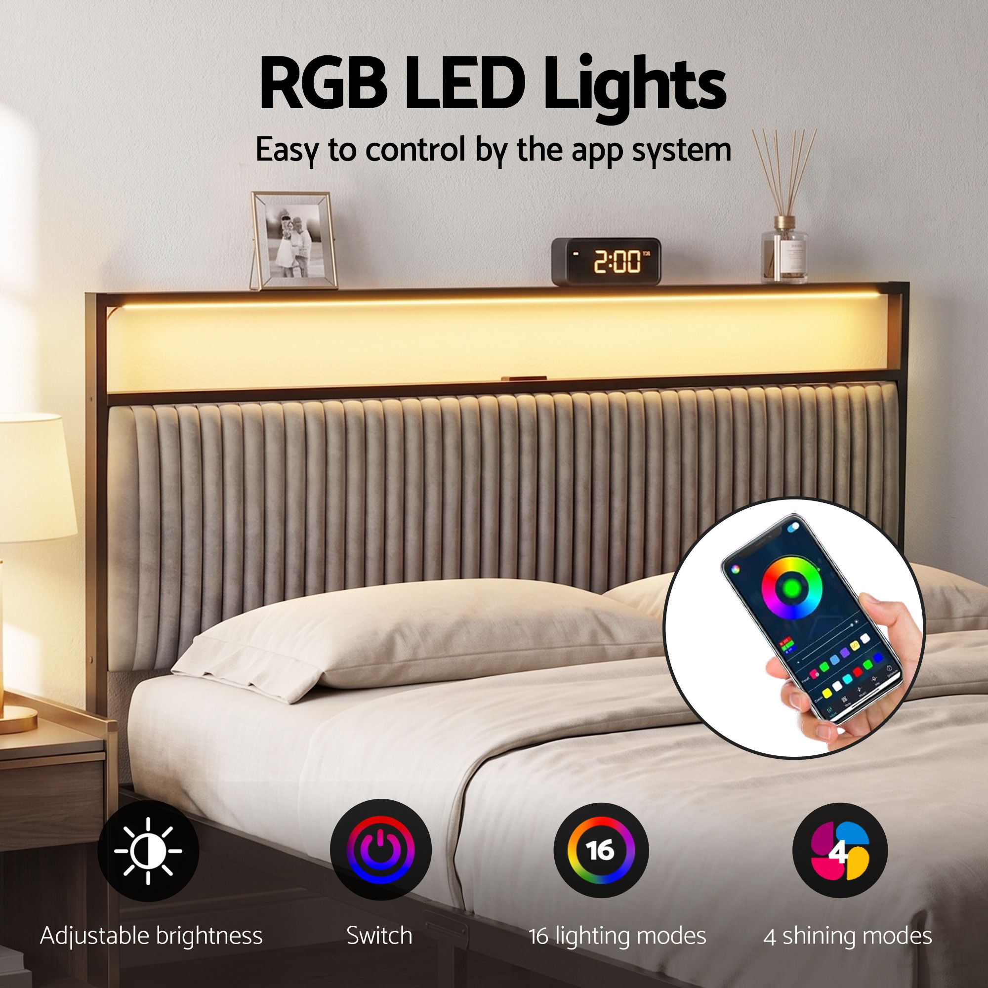 Artiss Metal Bed Frame Queen Size LED Charging Station 2 Drawers - Image 5