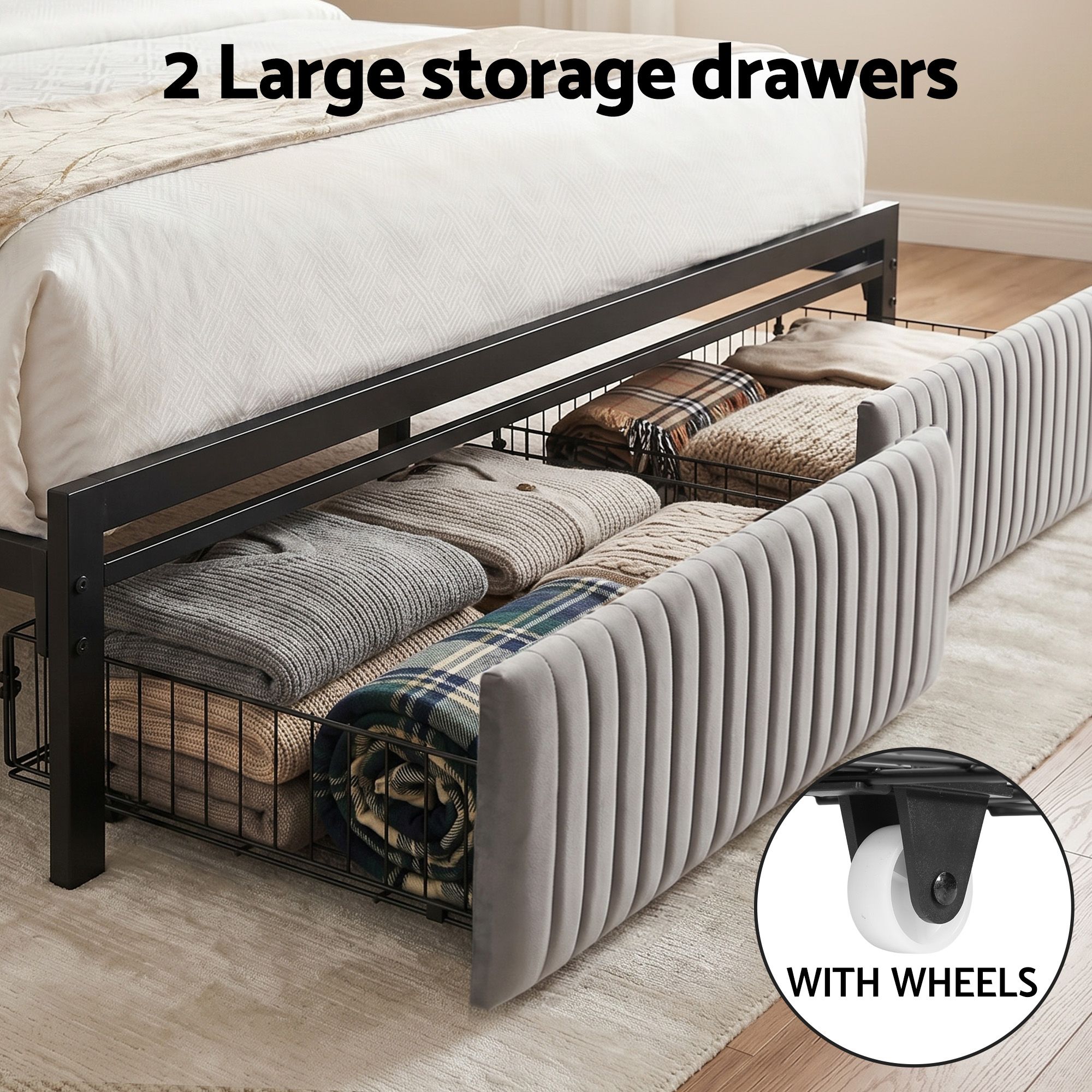 Artiss Metal Bed Frame Queen Size LED Charging Station 2 Drawers - Image 6