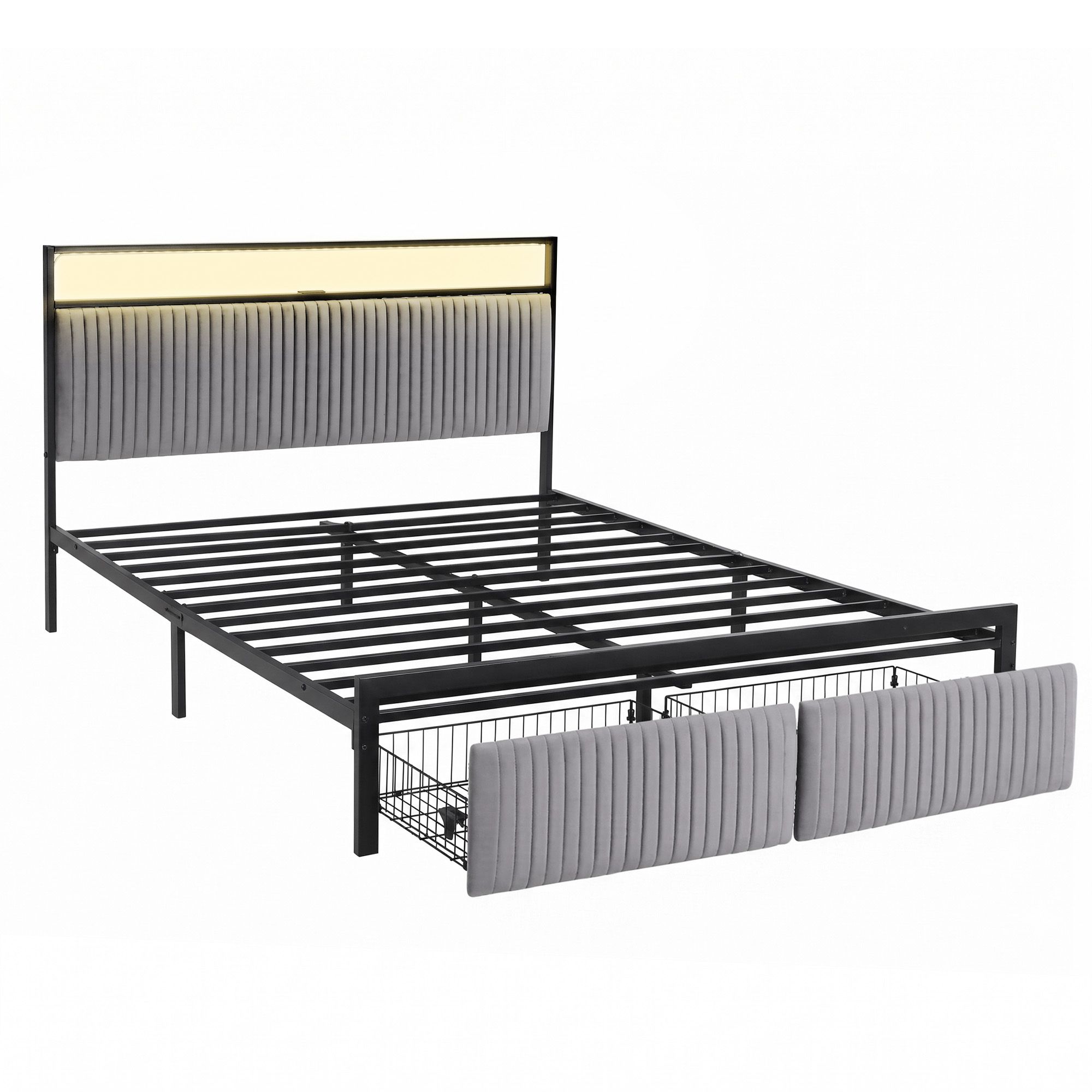 Artiss Metal Bed Frame Queen Size LED Charging Station 2 Drawers - Image 8