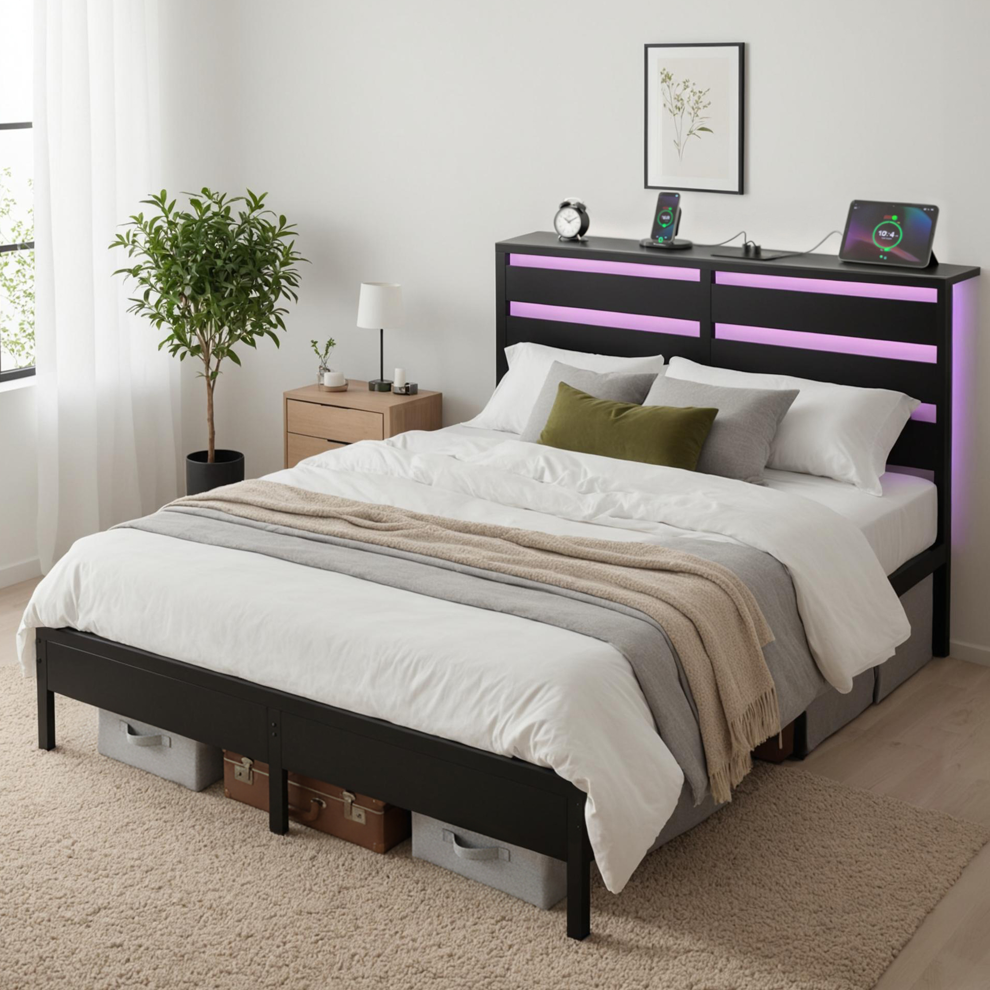 Artiss Bed Frame Double Size LED Metal Bed Base with Charging Station - Image 1