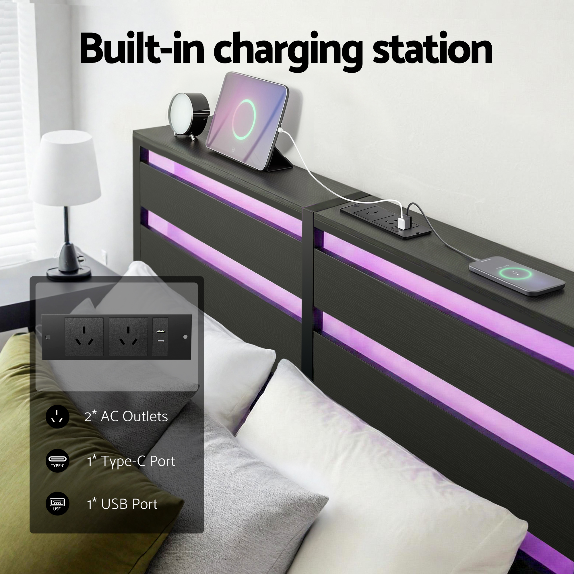 Artiss Bed Frame Double Size LED Metal Bed Base with Charging Station - Image 6