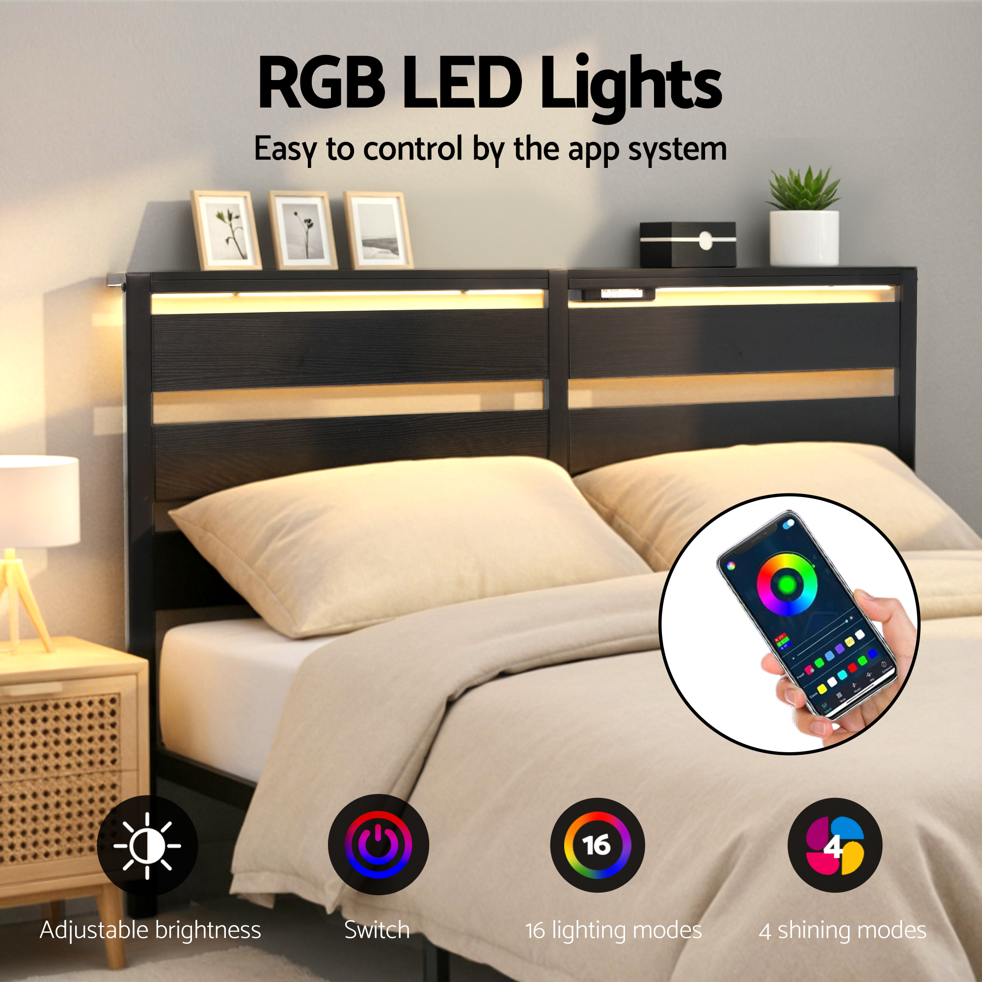 Artiss Bed Frame Queen Size LED Metal Bed Base with Charging Station - Image 5