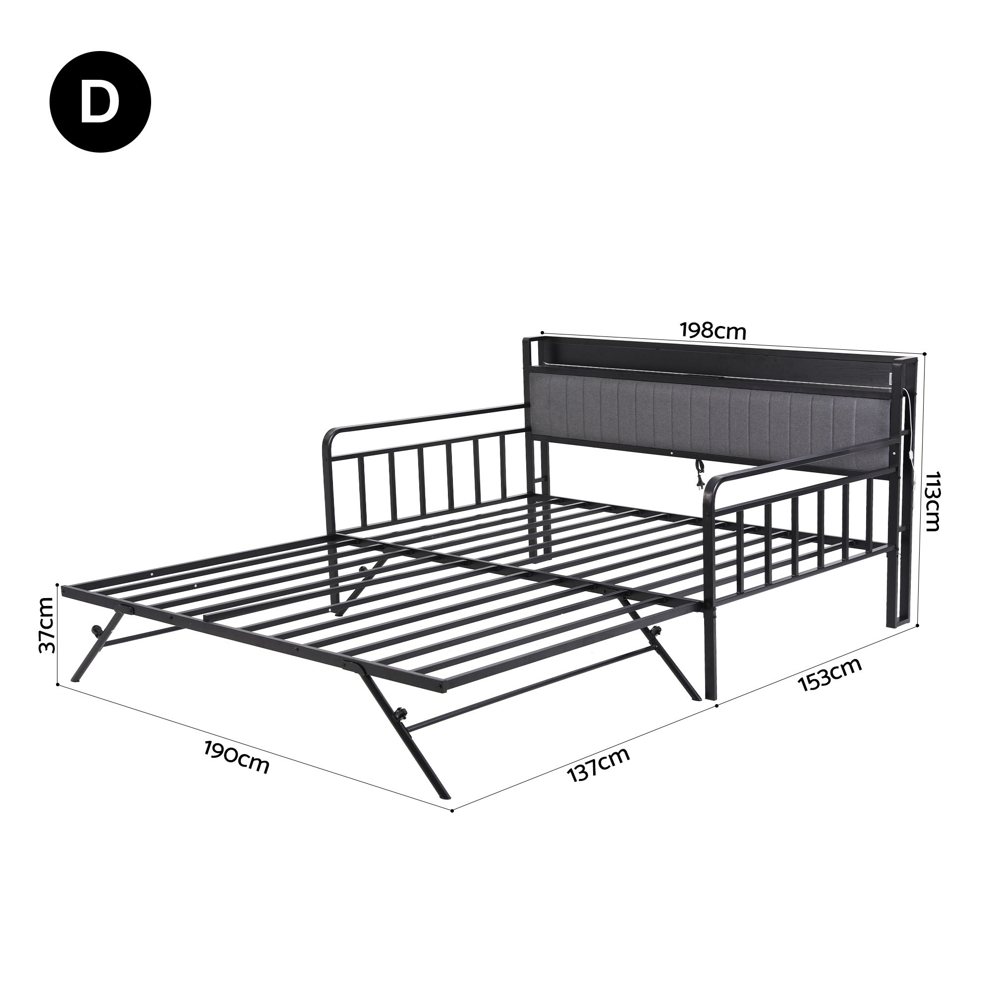 Artiss Bed Frame Double LED Metal Trundle Daybed with Charging Station TURN - Image 2