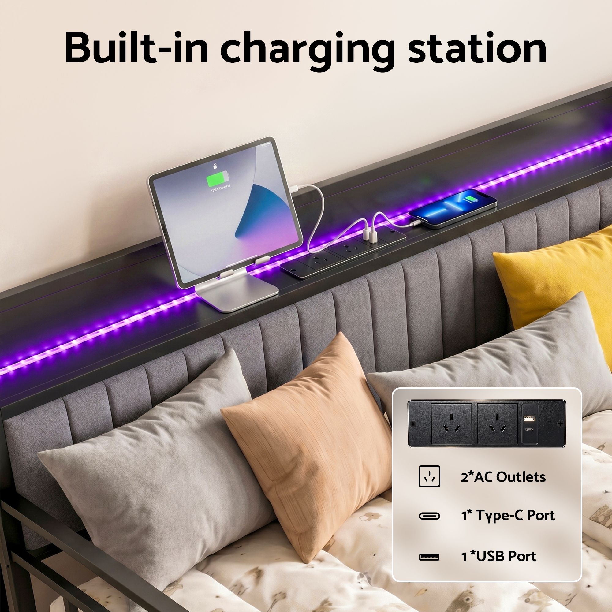 Artiss Bed Frame Double LED Metal Trundle Daybed with Charging Station TURN - Image 6