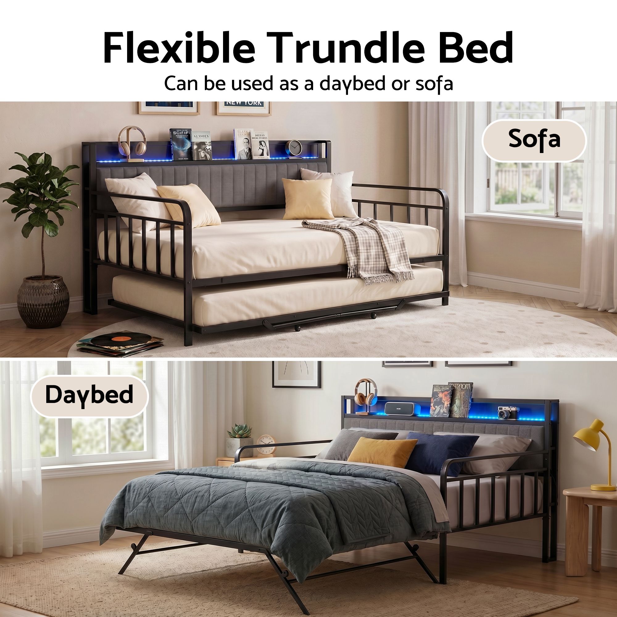 Artiss Bed Frame King Single LED Metal Trundle Daybed with Charging Station TURN - Image 4