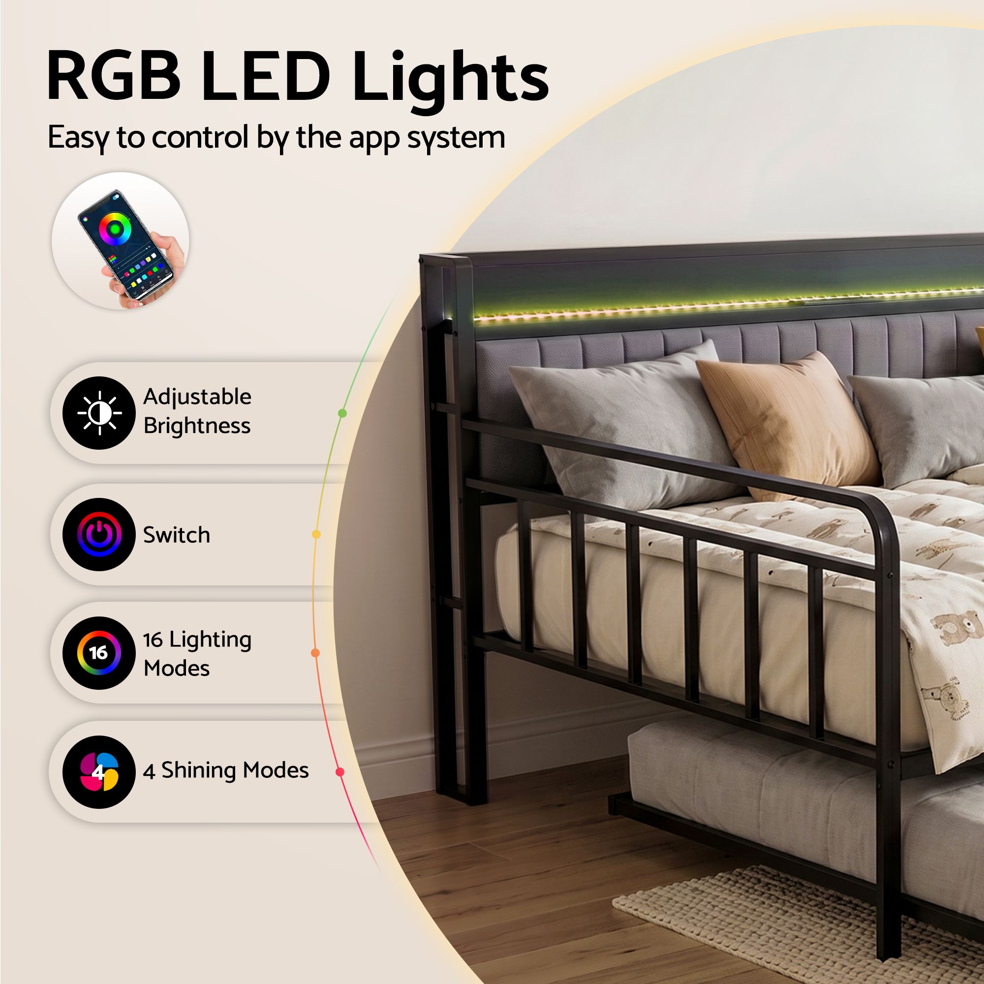 Artiss Bed Frame King Single LED Metal Trundle Daybed with Charging Station TURN - Image 5