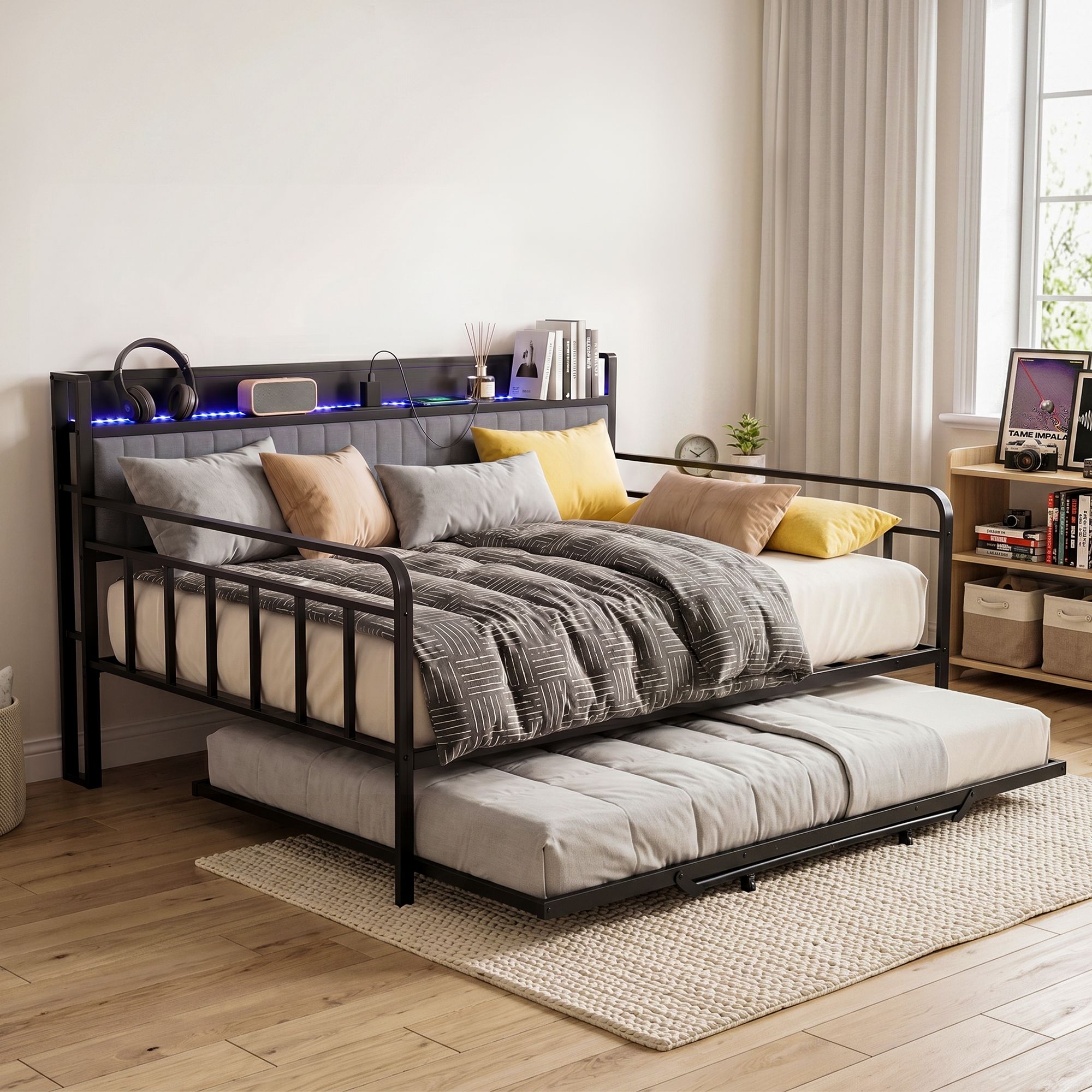 Artiss Bed Frame King Single LED Metal Trundle Daybed with Charging Station TURN - Image 8