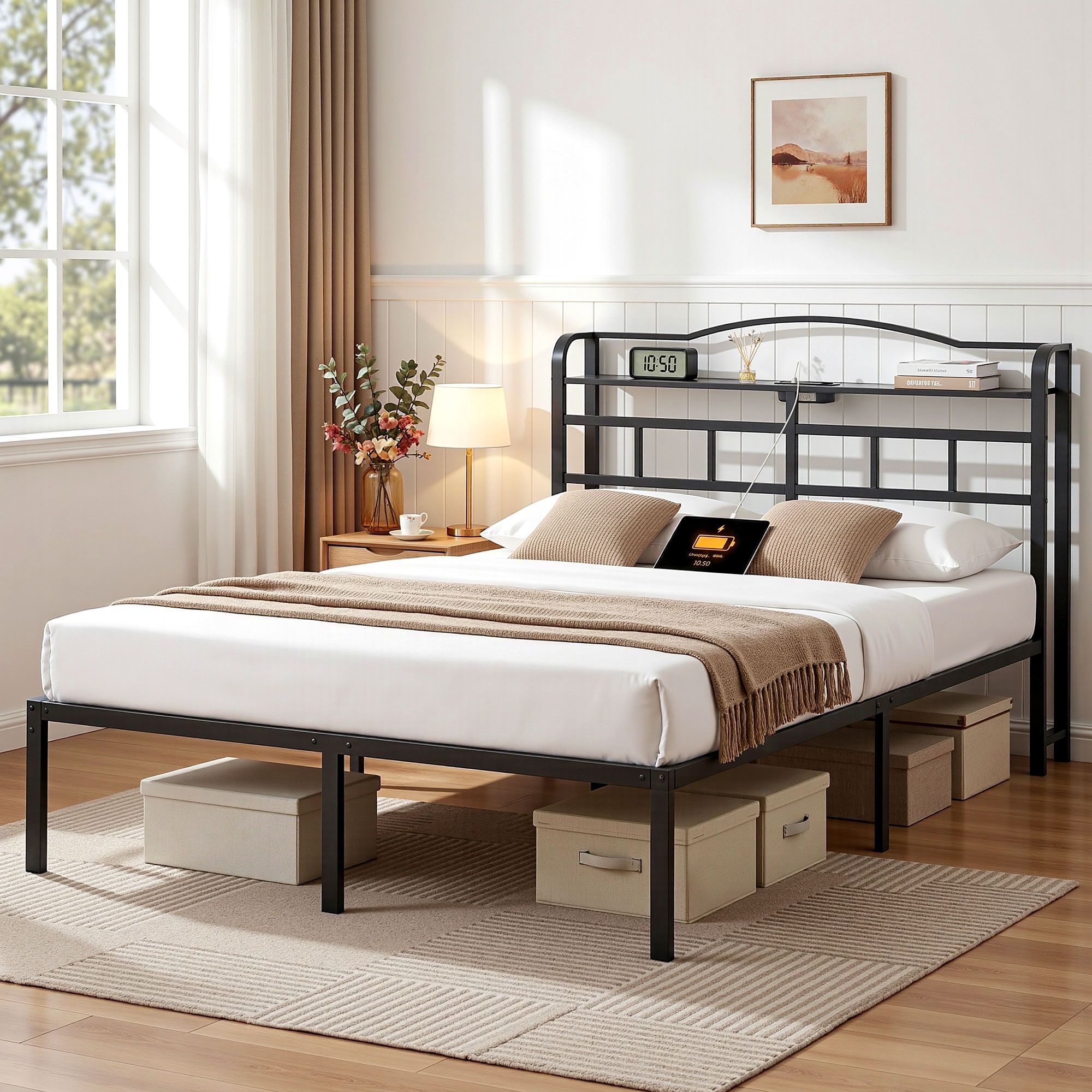 Artiss Bed Frame Queen Size with Charging Station WAVE - Image 1