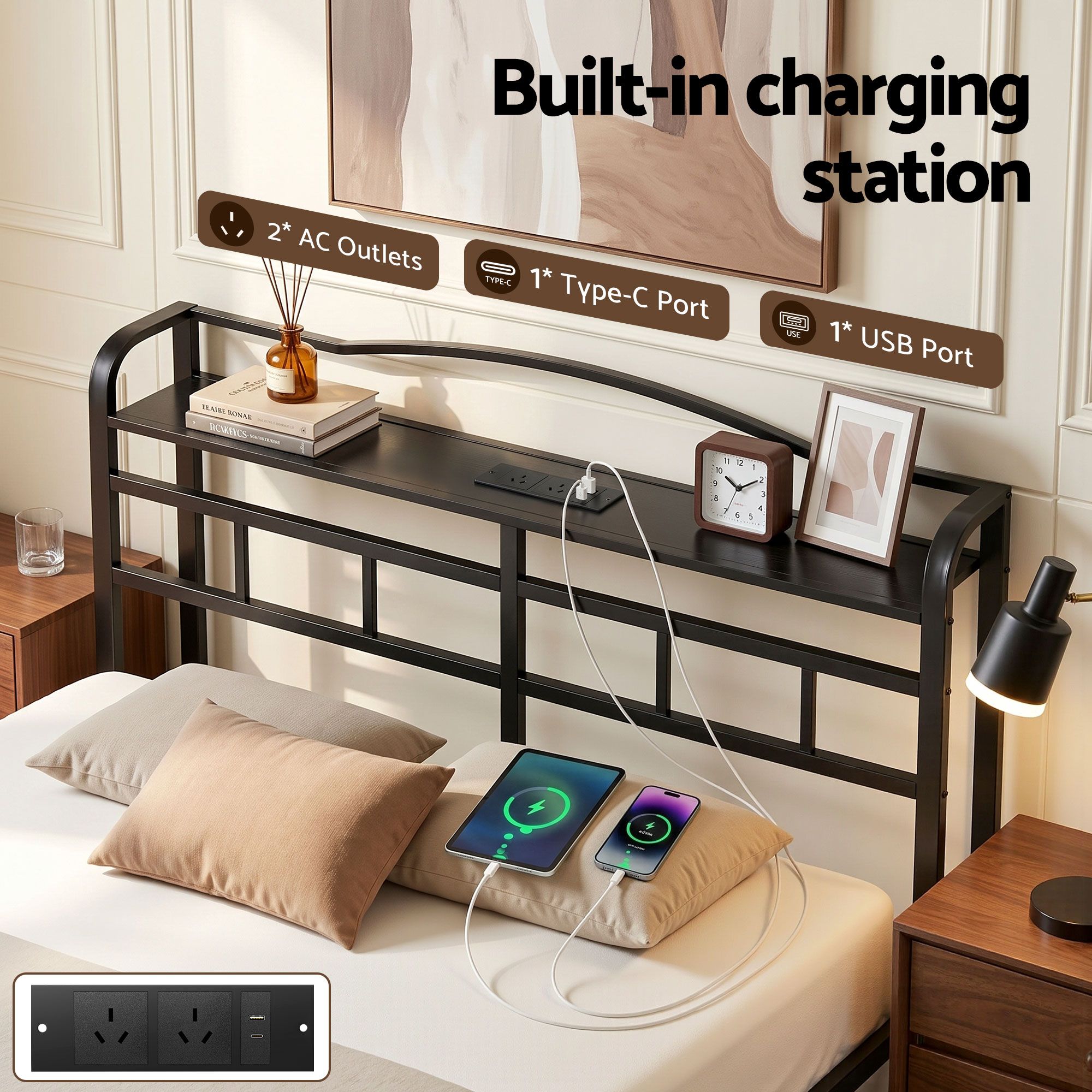Artiss Bed Frame Queen Size with Charging Station WAVE - Image 4
