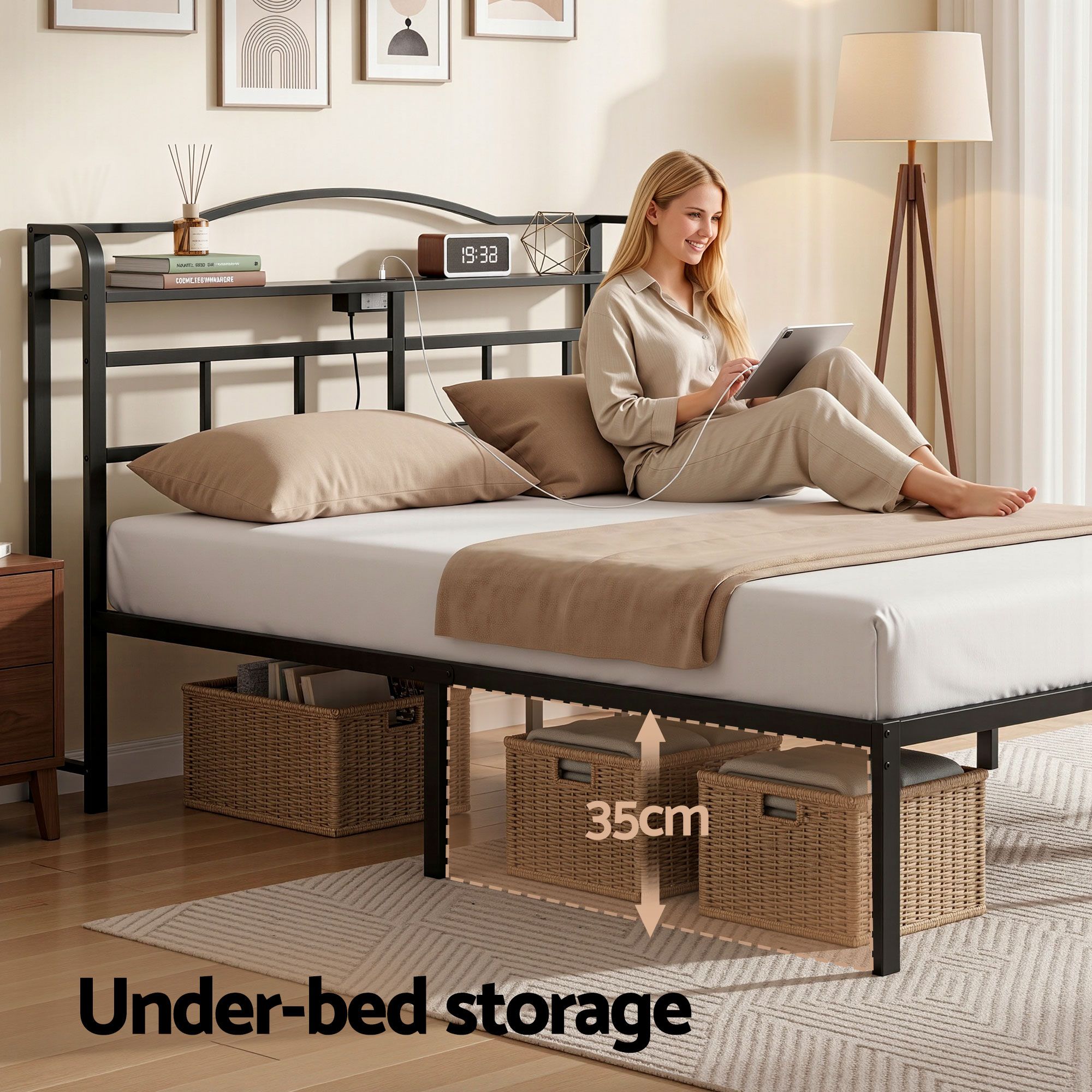 Artiss Bed Frame Queen Size with Charging Station WAVE - Image 5