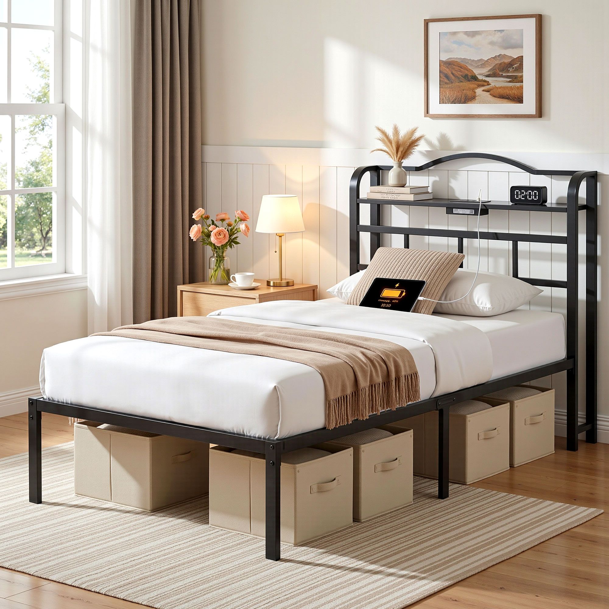 Artiss Bed Frame Single Size with Charging Station WAVE - Image 1
