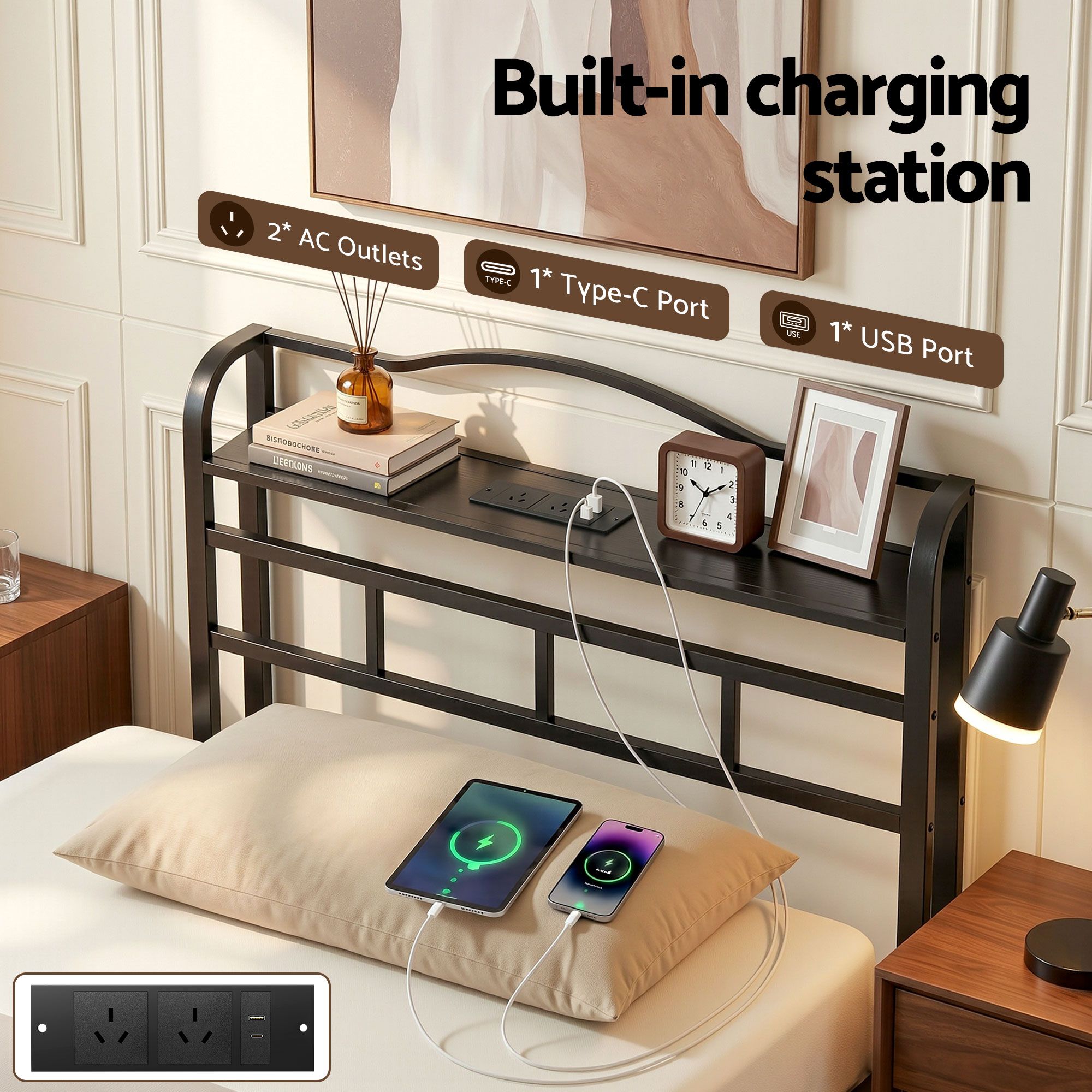 Artiss Bed Frame Single Size with Charging Station WAVE - Image 4
