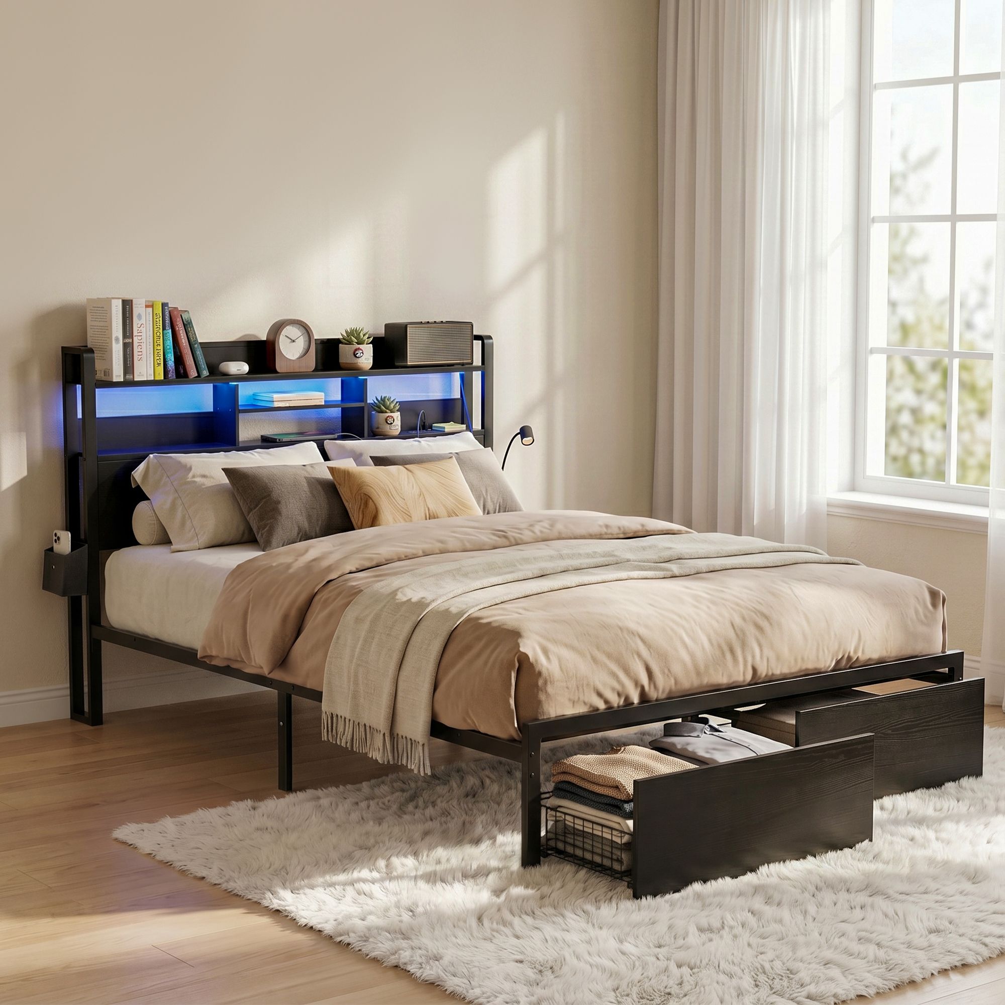Artiss Bed Frame Double with Charging Station Storage Organizer Drawers LED ZAC - Image 1