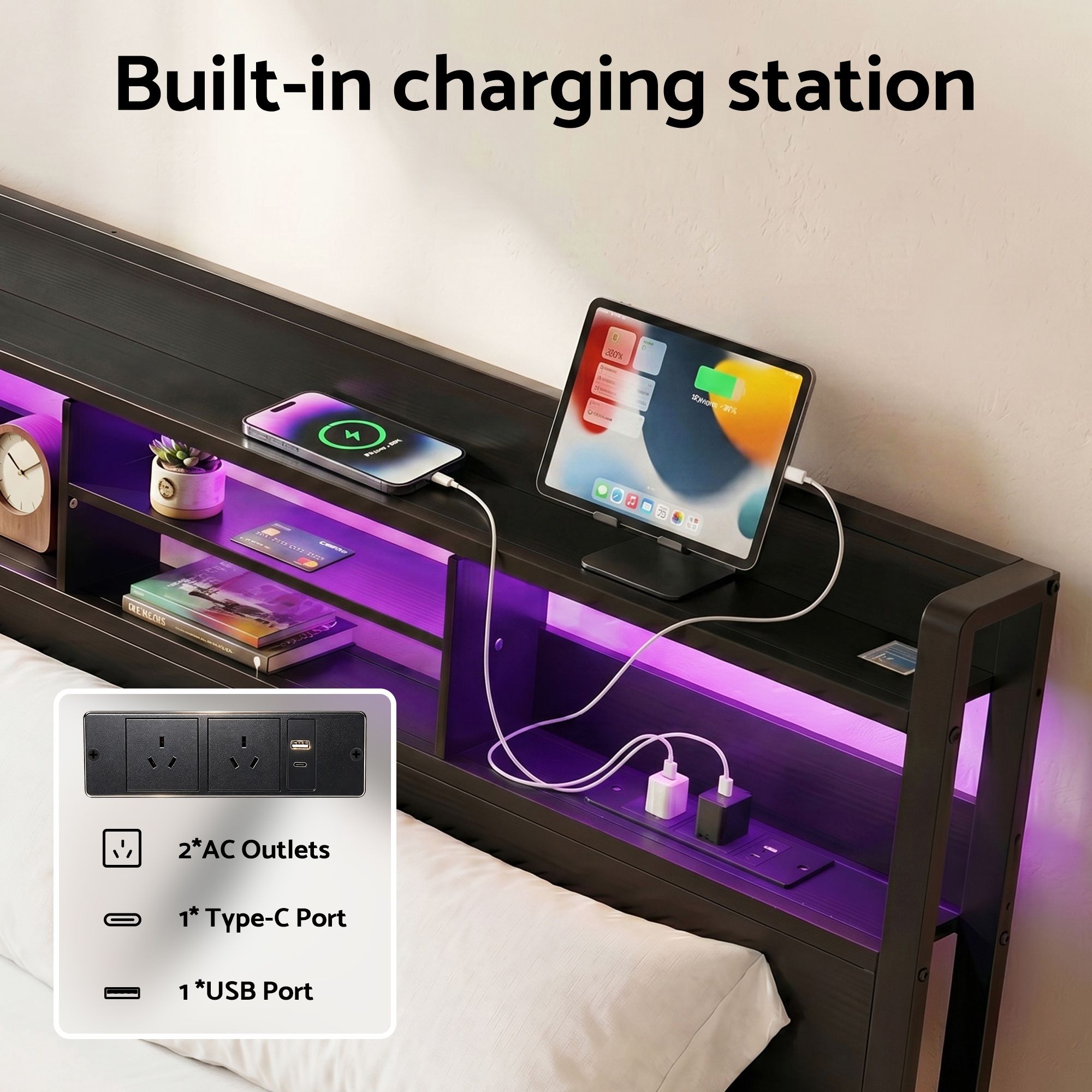 Artiss Bed Frame Double with Charging Station Storage Organizer Drawers LED ZAC - Image 5