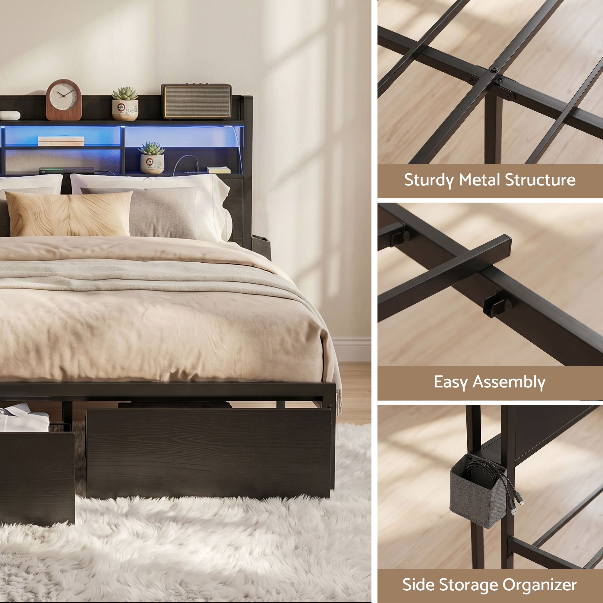 Artiss Bed Frame Double with Charging Station Storage Organizer Drawers LED ZAC - Image 8