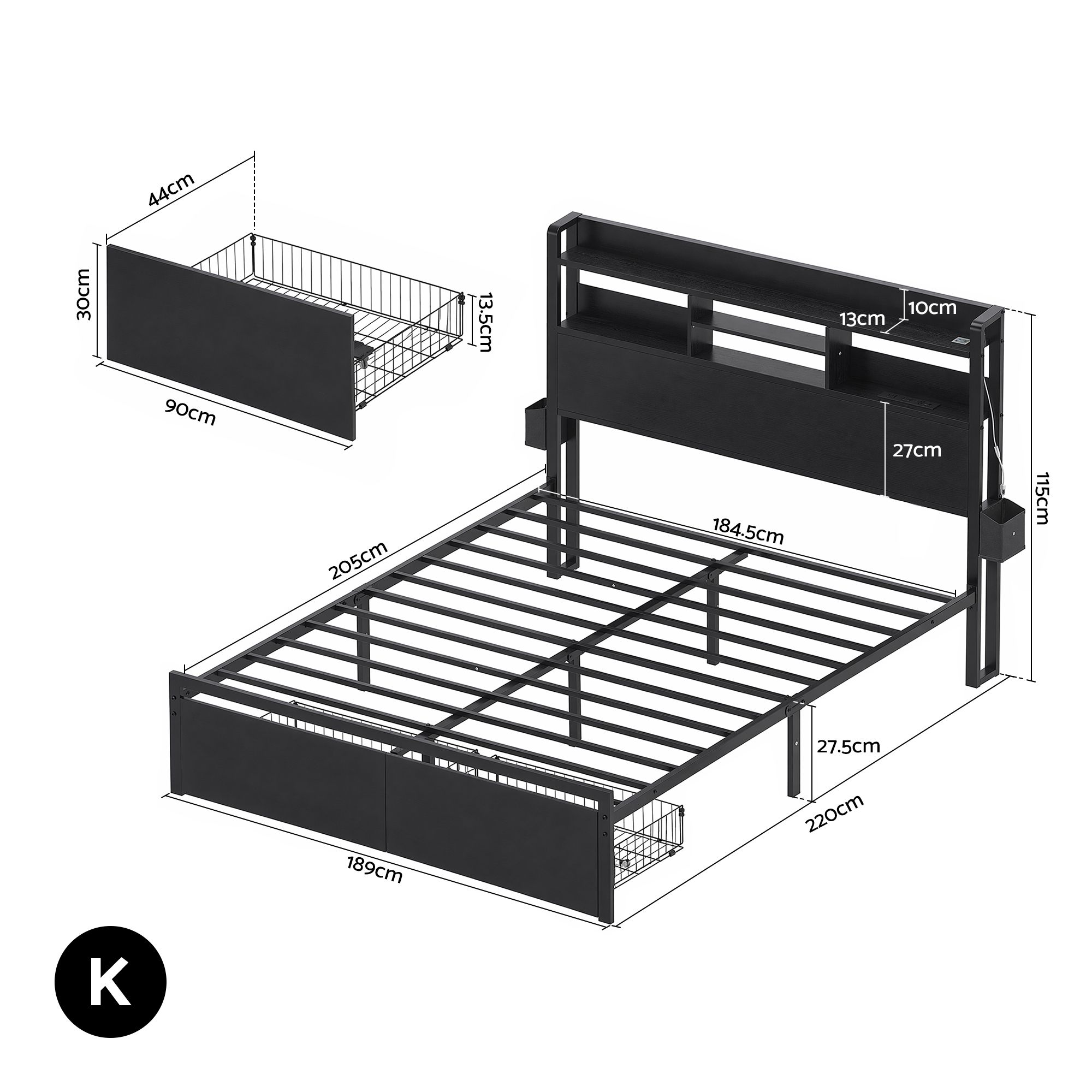 Artiss Bed Frame King with Charging Station Storage Organizer Drawers LED ZAC - Image 3