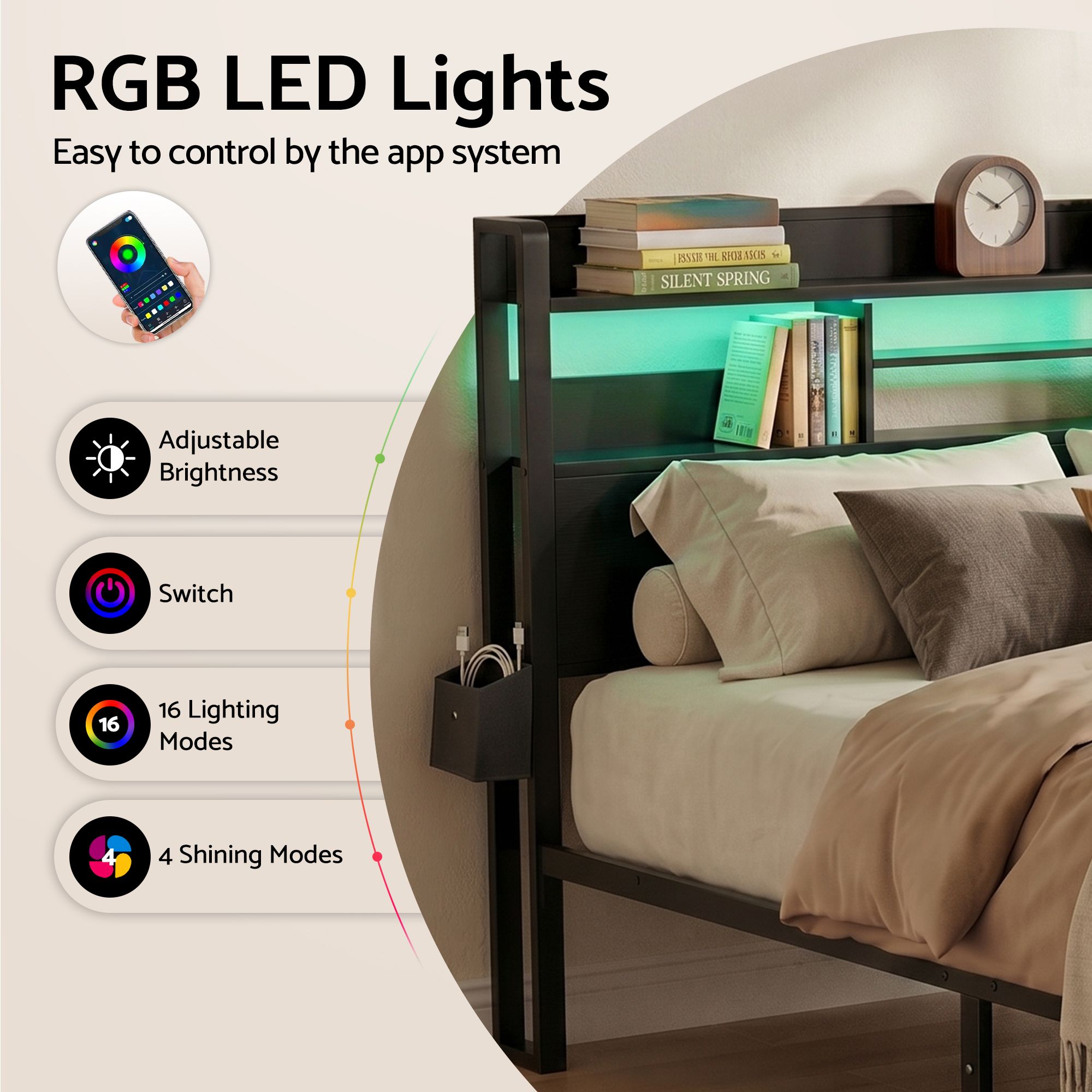 Artiss Bed Frame King with Charging Station Storage Organizer Drawers LED ZAC - Image 6
