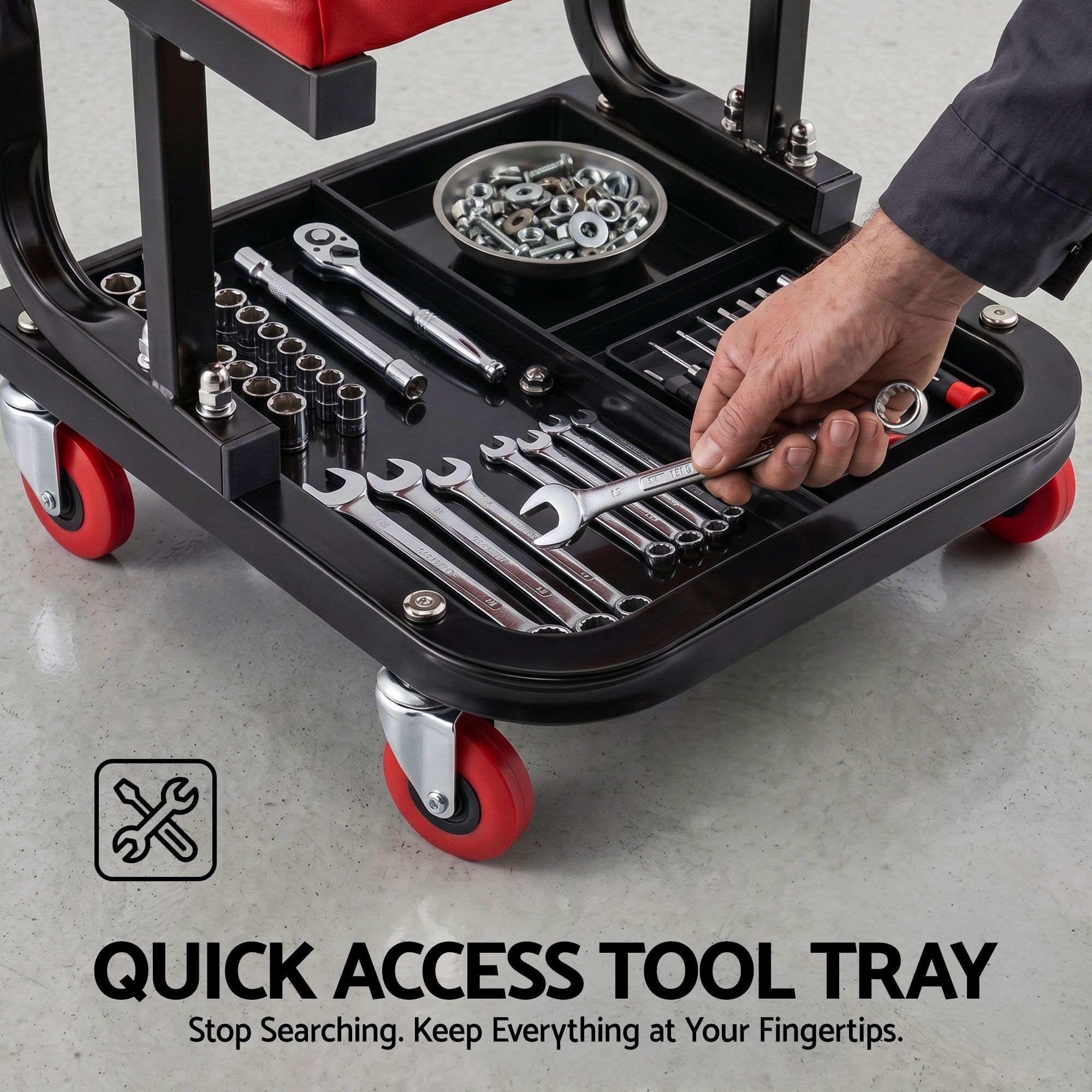 Giantz Creeper Seat Rolling Mechanic Stool with Tool Tray Heavy Duty 36x36cm - Image 4