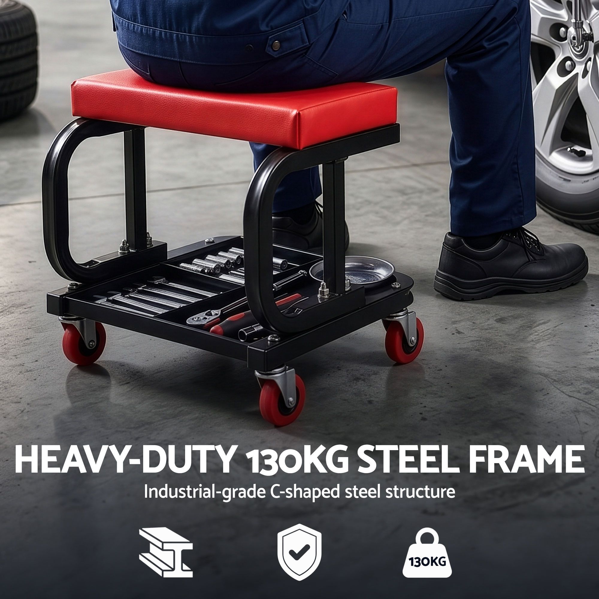 Giantz Creeper Seat Rolling Mechanic Stool with Tool Tray Heavy Duty 36x36cm - Image 7