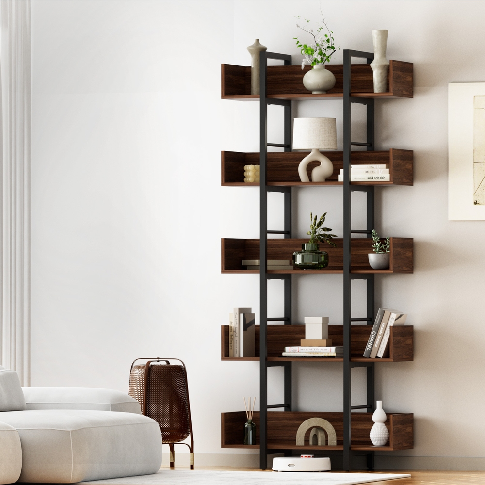Artiss Bookshelf 5-Tier Bookcase Display Shelves Metal Storage Stand Rack Walnut - Image 8