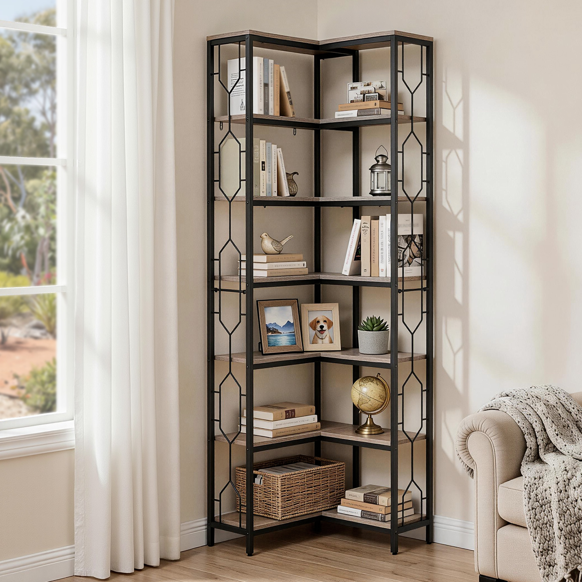 Artiss 6 Tiers Bookshelf Corner Shelf Bookcase Display Shelves Oak - Image 1
