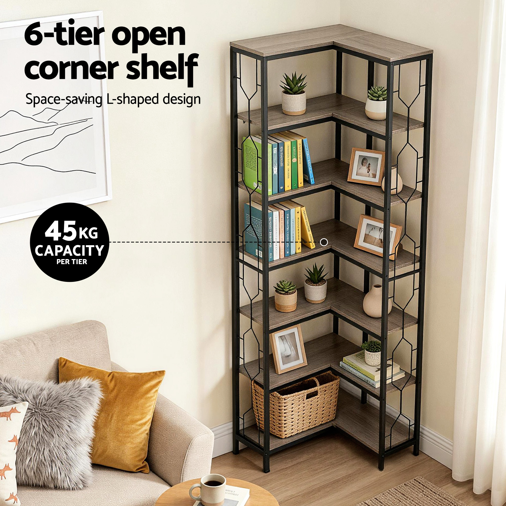 Artiss 6 Tiers Bookshelf Corner Shelf Bookcase Display Shelves Oak - Image 5