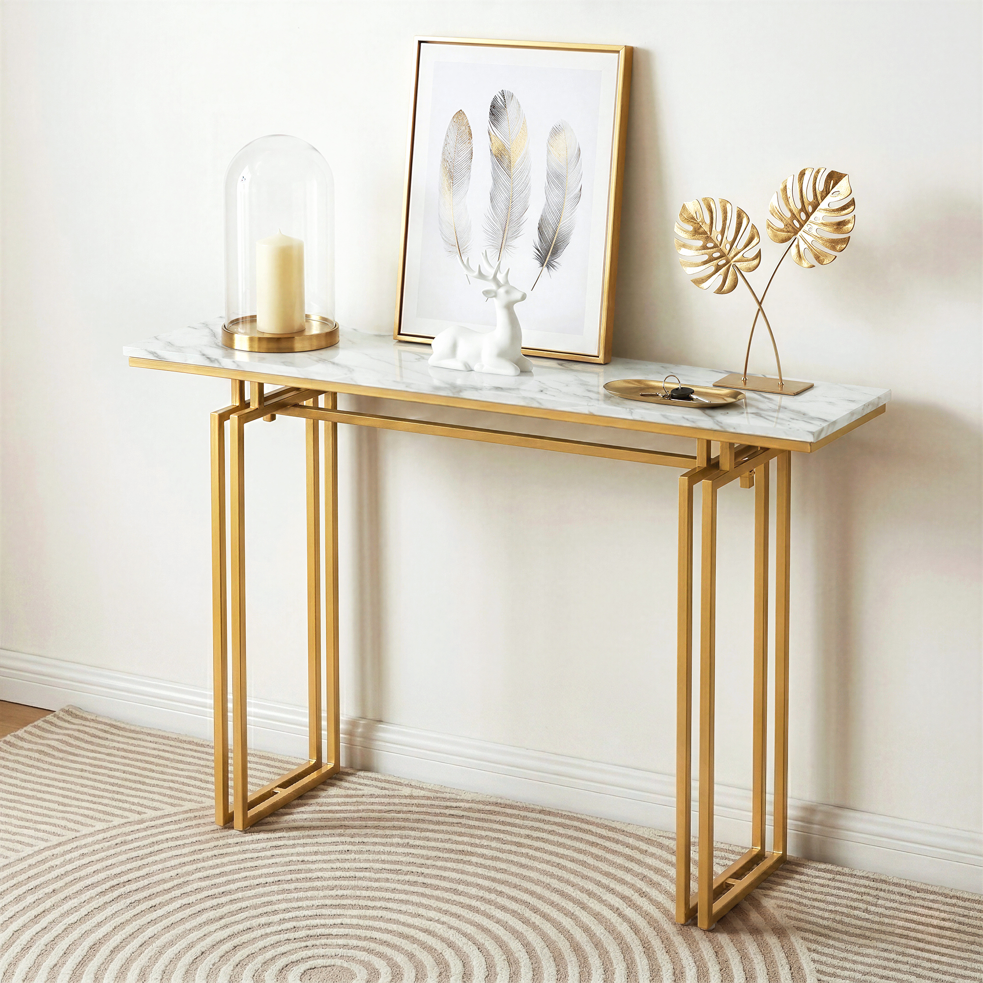 Artiss Console Table Hallway Entryway Table Marble Effect 110CM White & Gold - Image 1