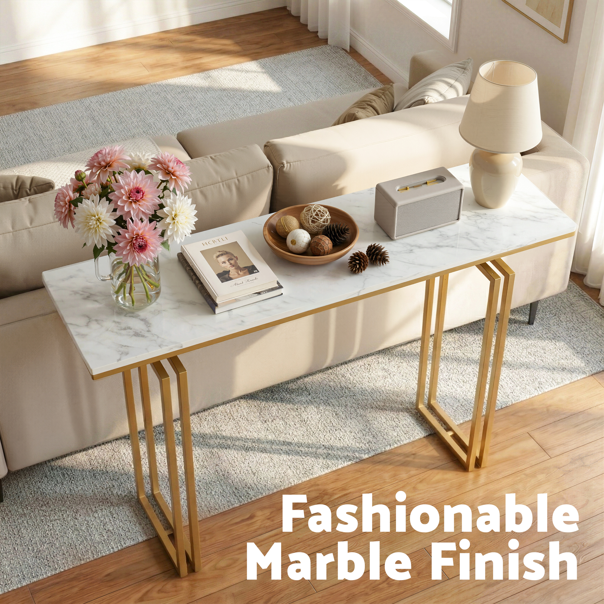 Artiss Console Table Hallway Entryway Table Marble Effect 110CM White & Gold - Image 5