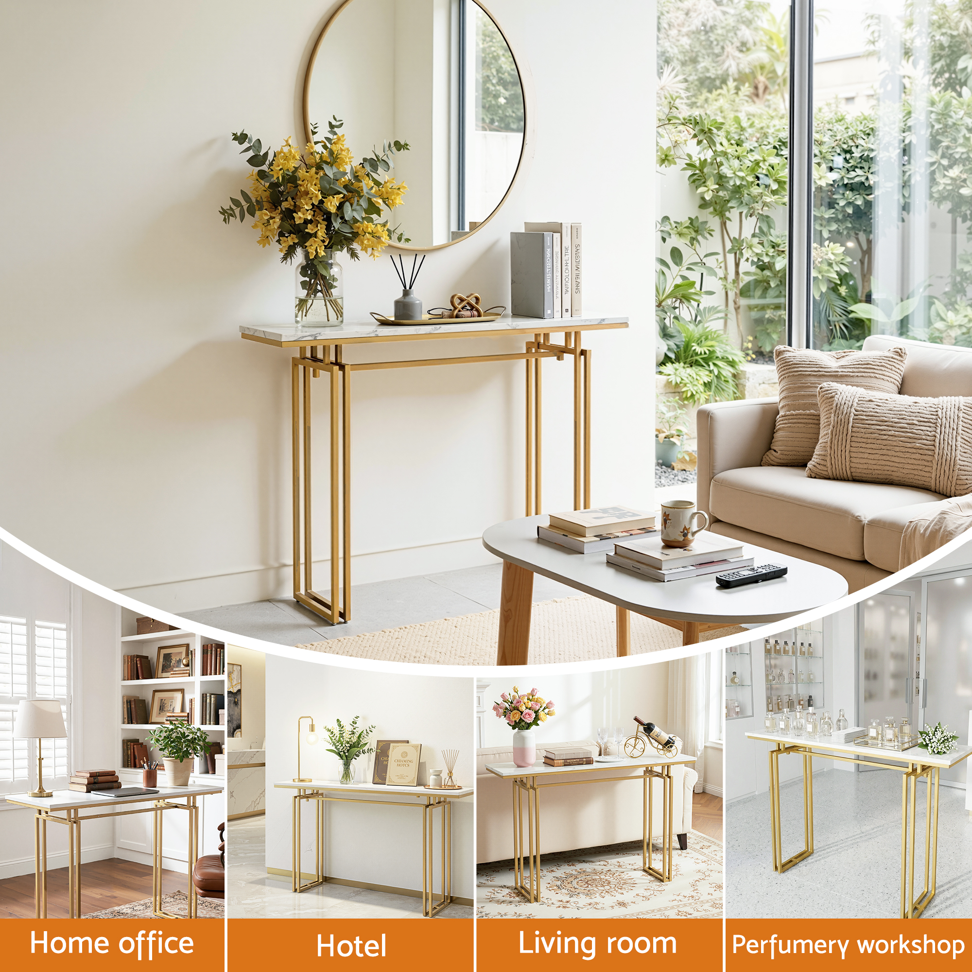 Artiss Console Table Hallway Entryway Table Marble Effect 110CM White & Gold - Image 8